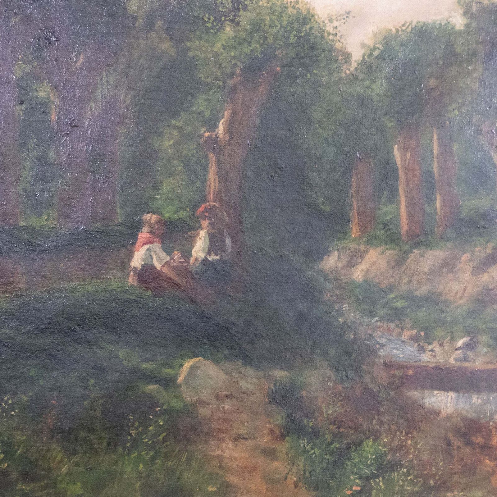 Pastoral Riverbank Scene – Signed 19th Century Oil Framed On Canvas photo for sale