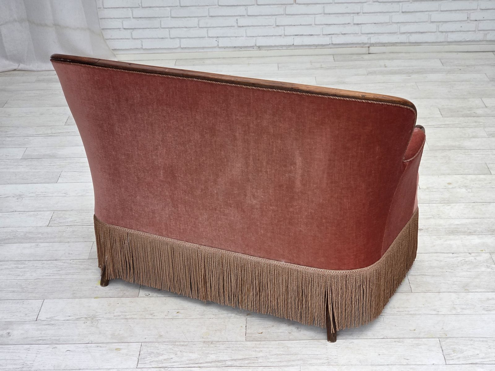 1930s, Danish 2 Seater Sofa, Salmon Pink Furniture Velour, Ash Wood. photo furniture