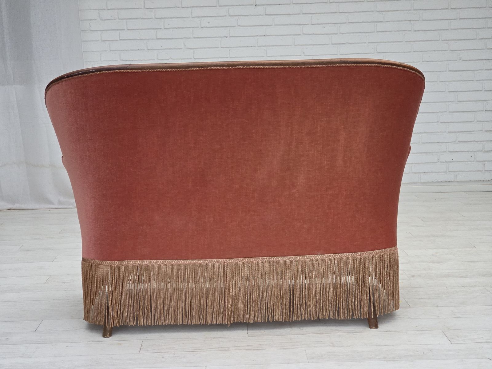 photo for sale 1930s, Danish 2 Seater Sofa, Salmon Pink Furniture Velour, Ash Wood.