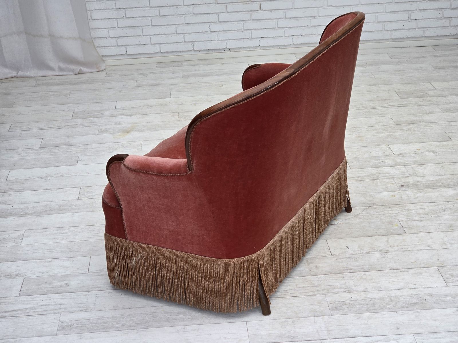 photo buy 1930s, Danish 2 Seater Sofa, Salmon Pink Furniture Velour, Ash Wood.