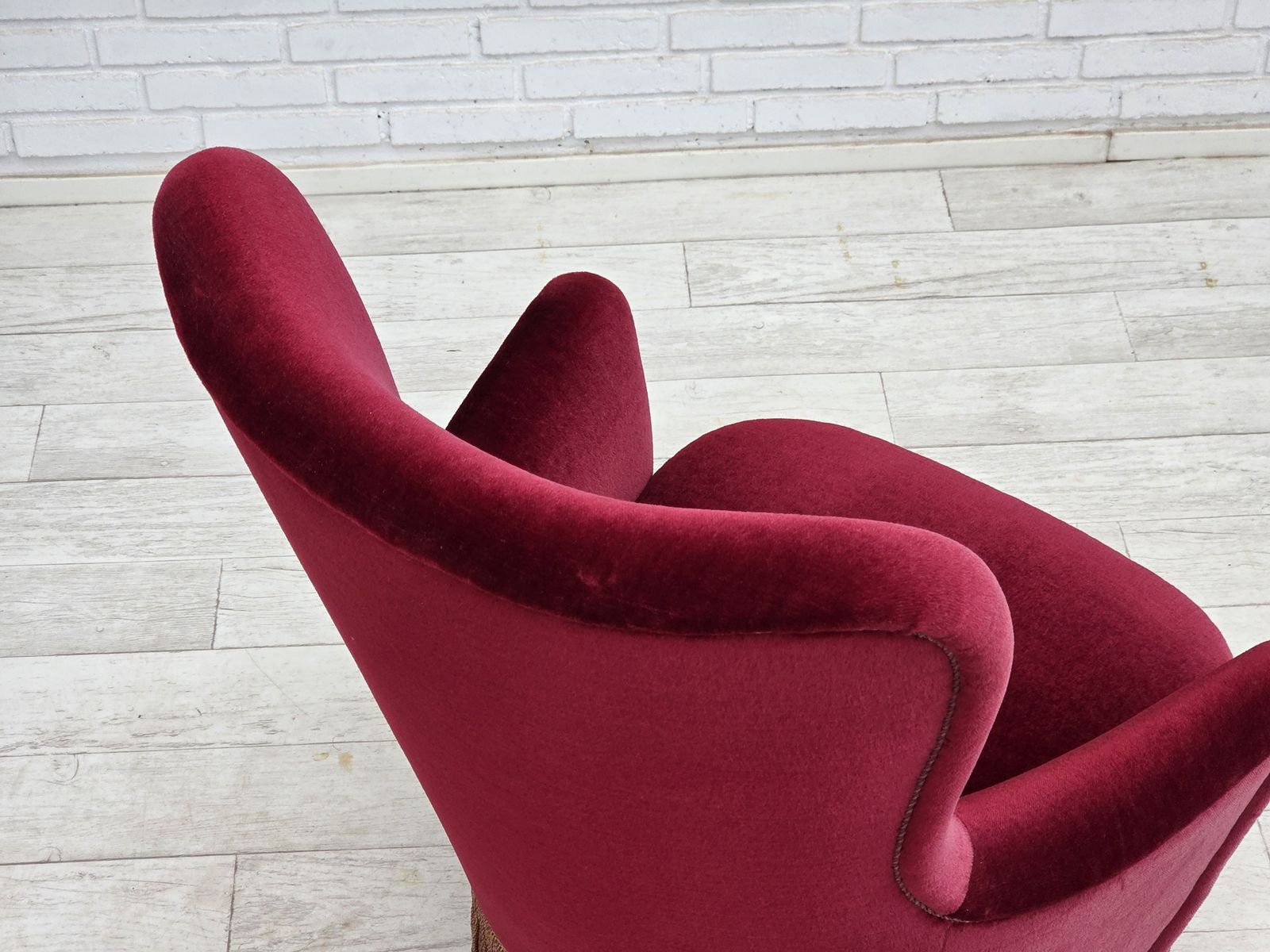 1970s, Danish Highback Armchair, Red Furniture Velour, Beech Wood. photo 1050.0