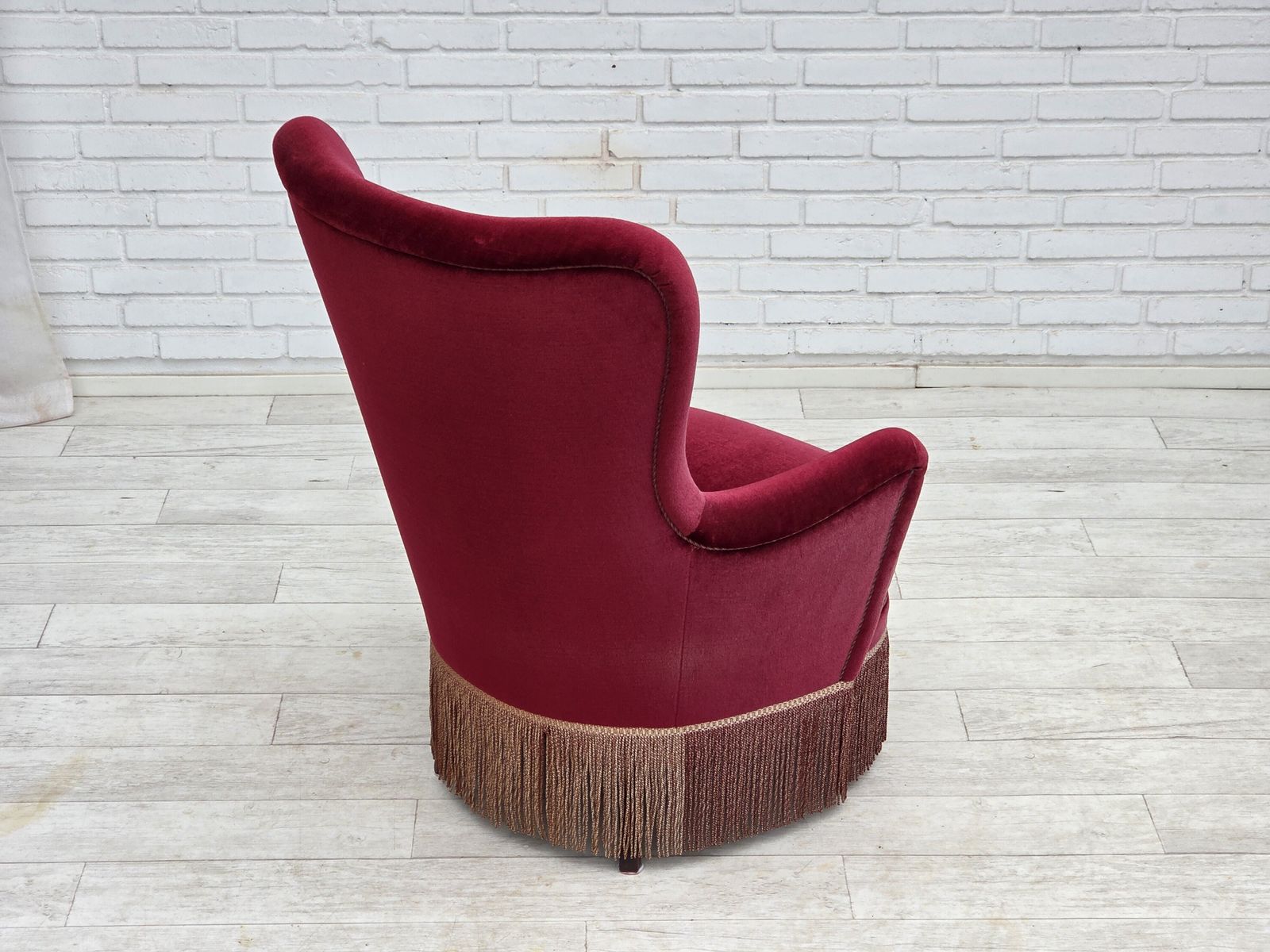 1970s, Danish Highback Armchair, Red Furniture Velour, Beech Wood. photo buy