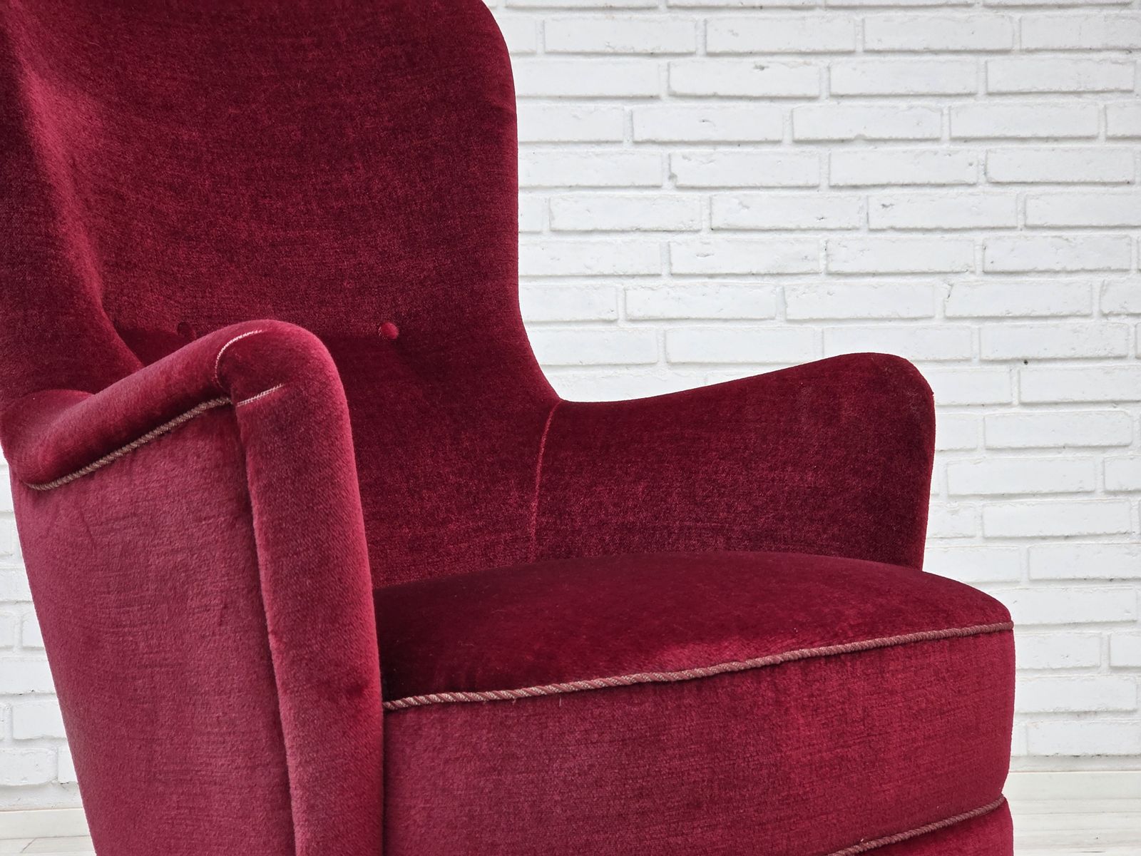 photo for sale 1970s, Danish Highback Armchair, Red Furniture Velour, Beech Wood.