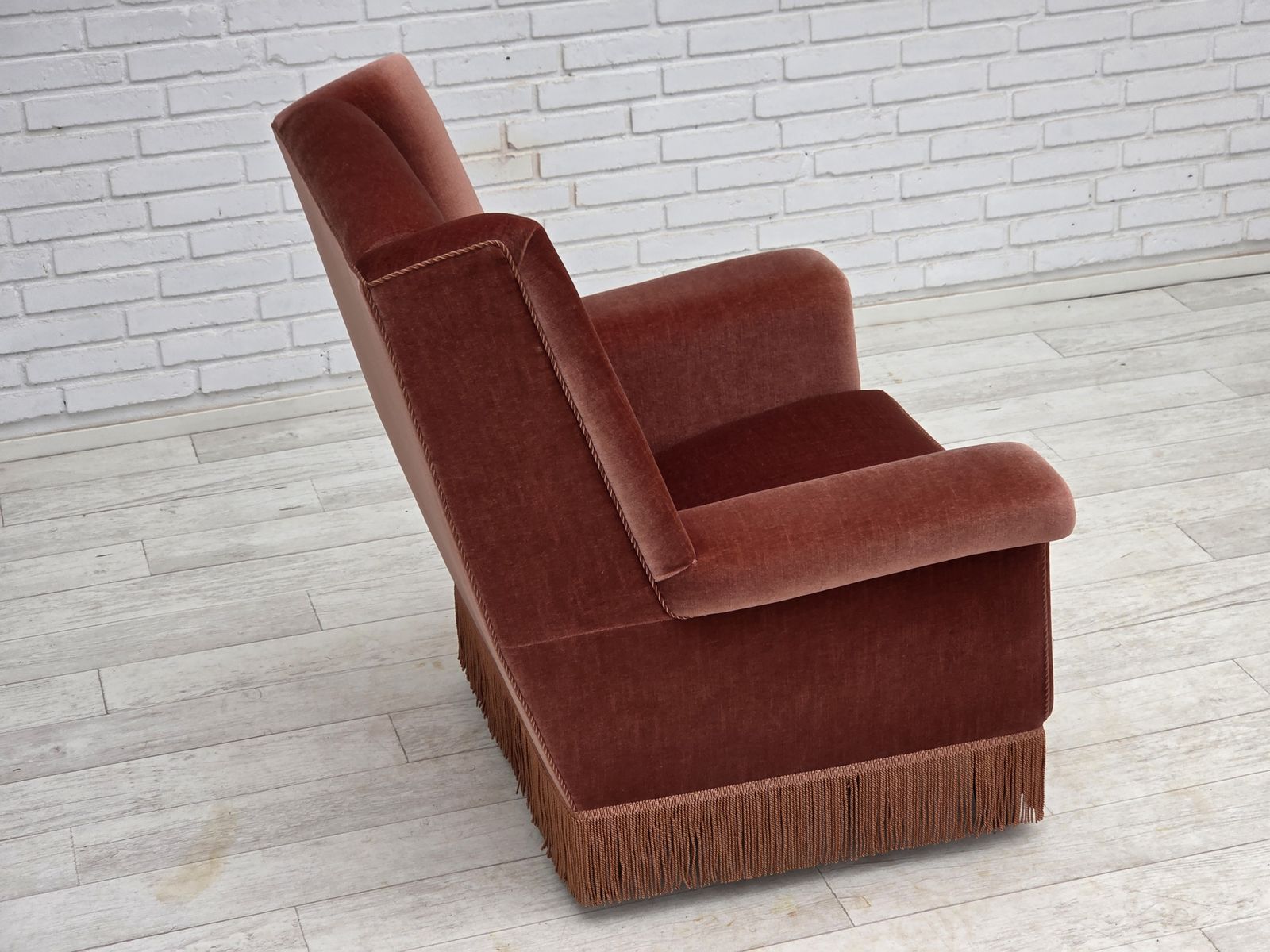 1970s, Danish Highback Armchair, Salmon Pink Furniture Velour, Beech Wood. photo Furniture