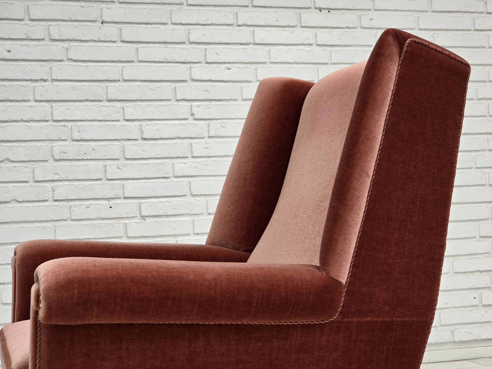 Furniture 1970s, Danish Highback Armchair, Salmon Pink Furniture Velour, Beech Wood. photo