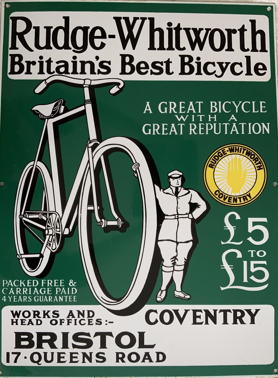 Rudge Whitworth Bicyles Original Heavy Metal Advertising Sign