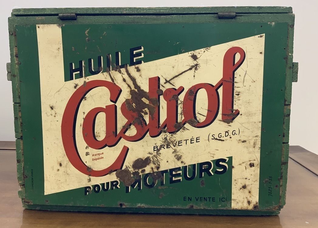 1940's French Castrol Motor Oil Can Wooden Crate photo for sale