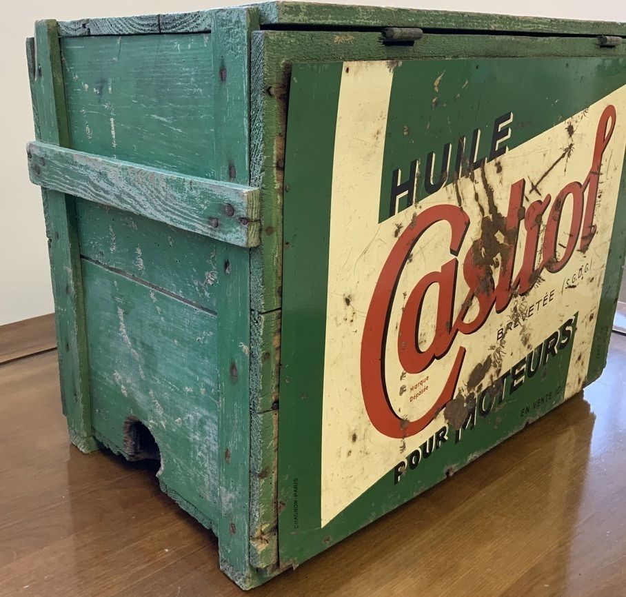 1940's French Castrol Motor Oil Can Wooden Crate photo 450.0