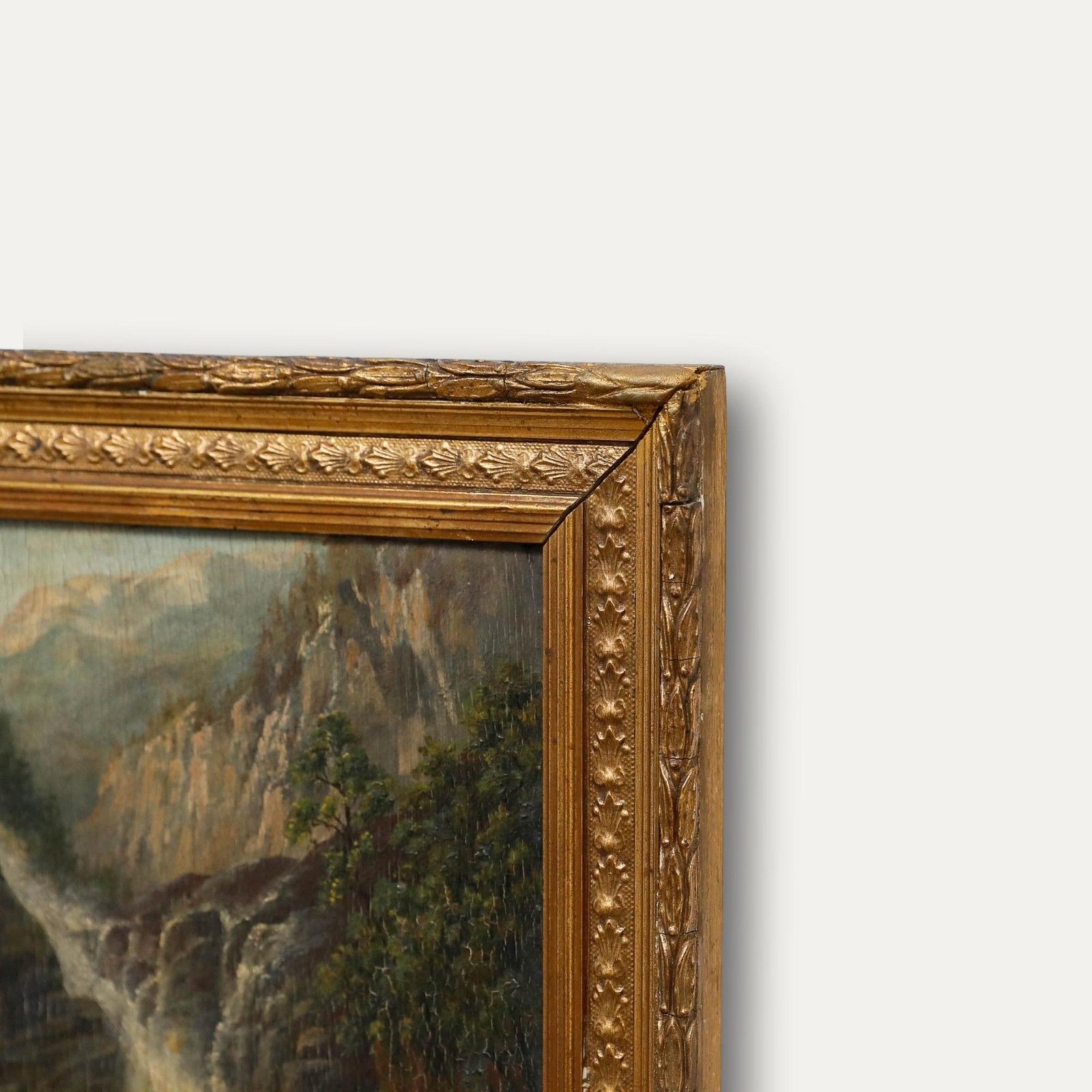 Framed Early 20th Century Oil Waterfall In The Mountains photo 350.0
