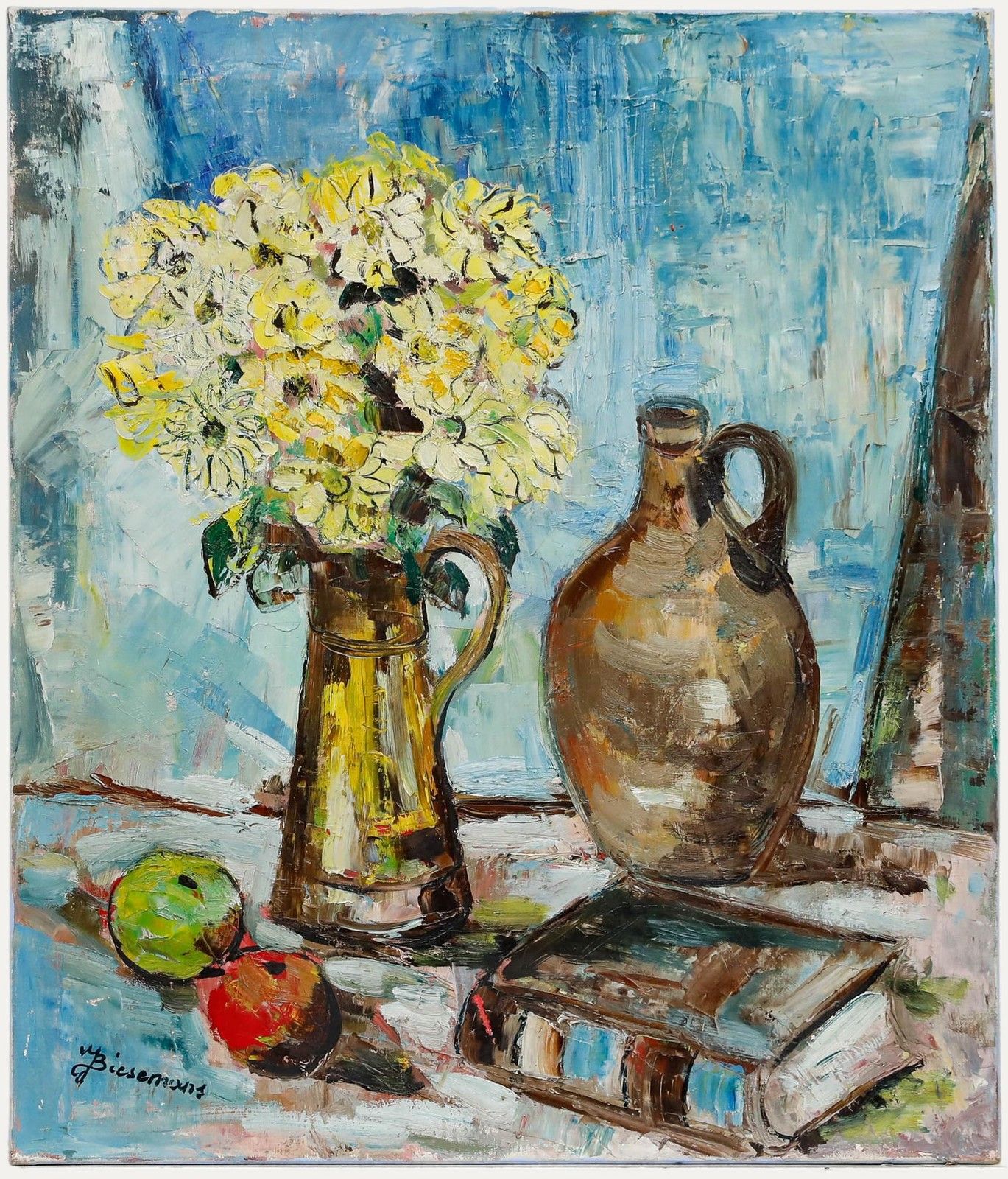 Jose Biesemans 20th Century Oil, Still Life With Yellow Daisies