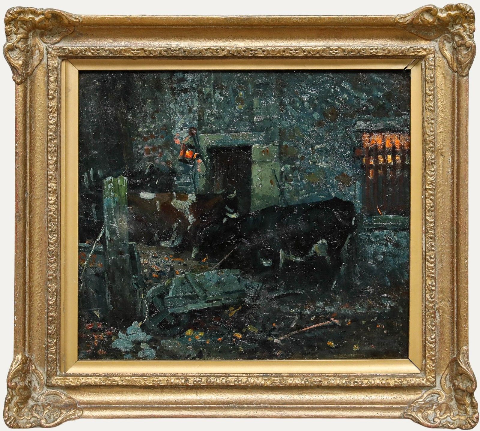 Albert Woods (1871 1944) Early 20th Century Oil, Cattle By A Moonlit Farmstead