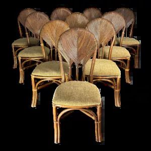 Set Of 10 Pencil Reed Rattan Bamboo Palm Leaf Dining Chairs, Vivai Del Sud