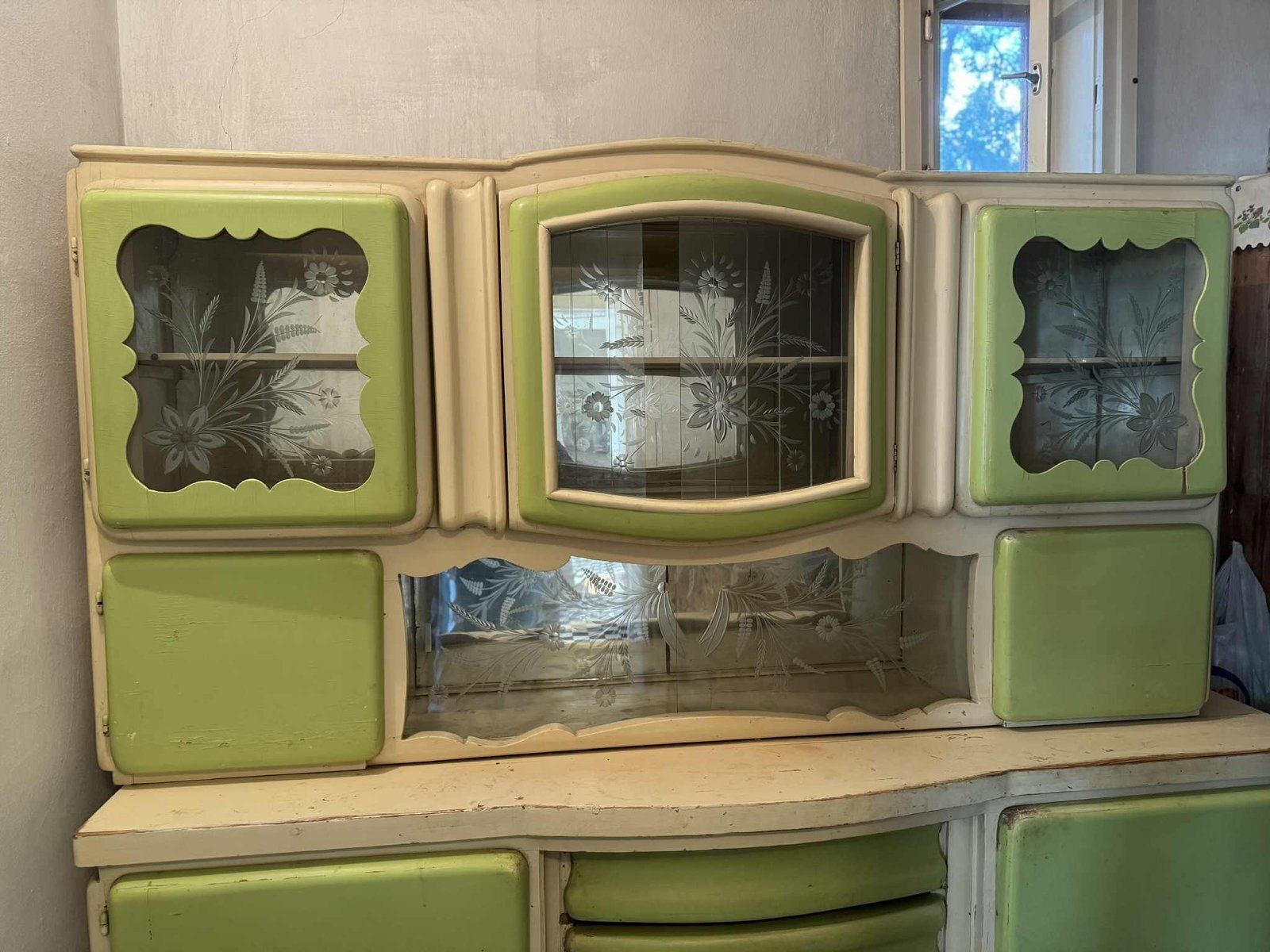 Hungarian Art Deco Green And Cream Kitchen Cabinet With Glass Doors, 1940s photo for sale