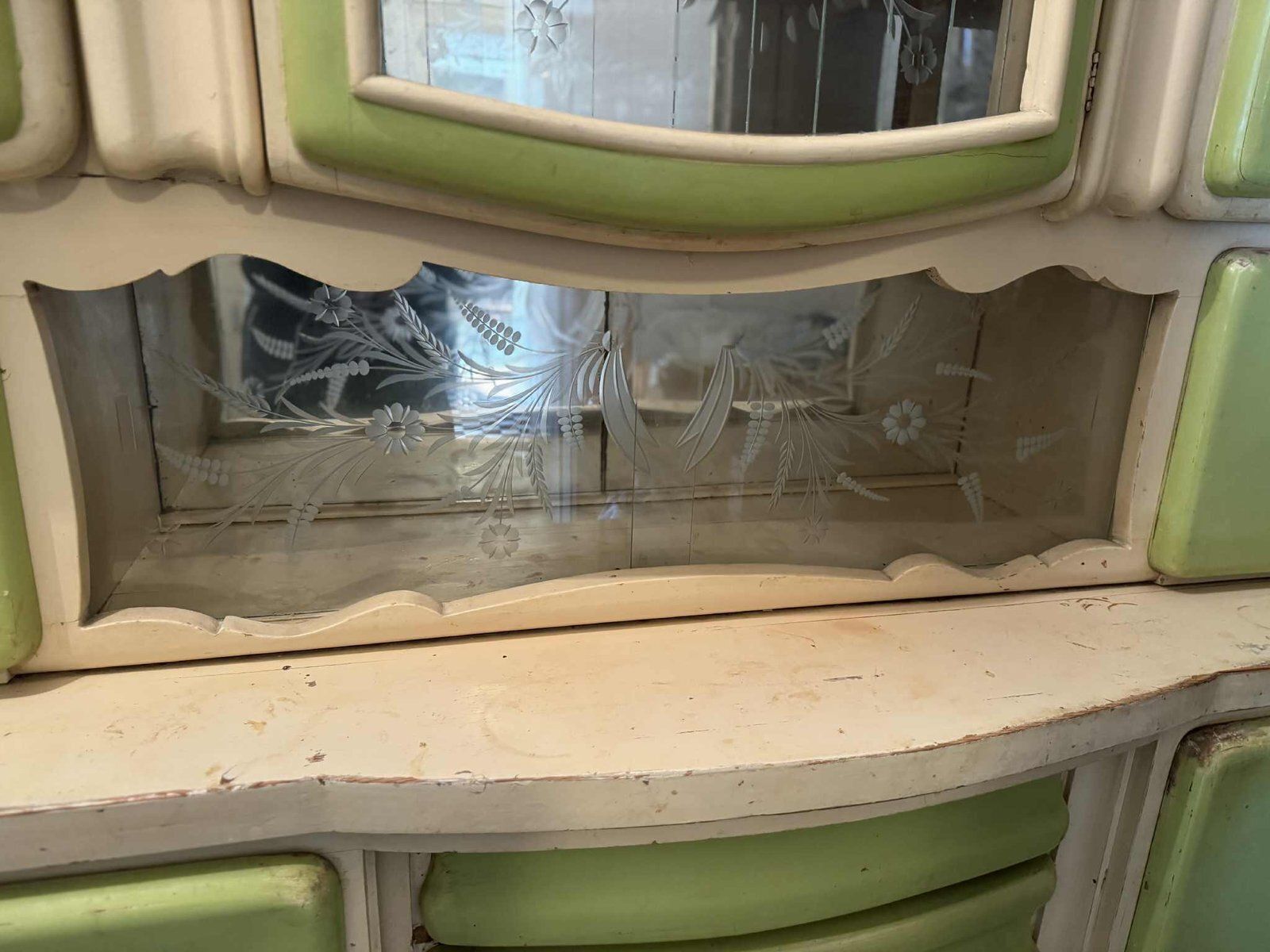 Hungarian Art Deco Green And Cream Kitchen Cabinet With Glass Doors, 1940s photo 2929.0
