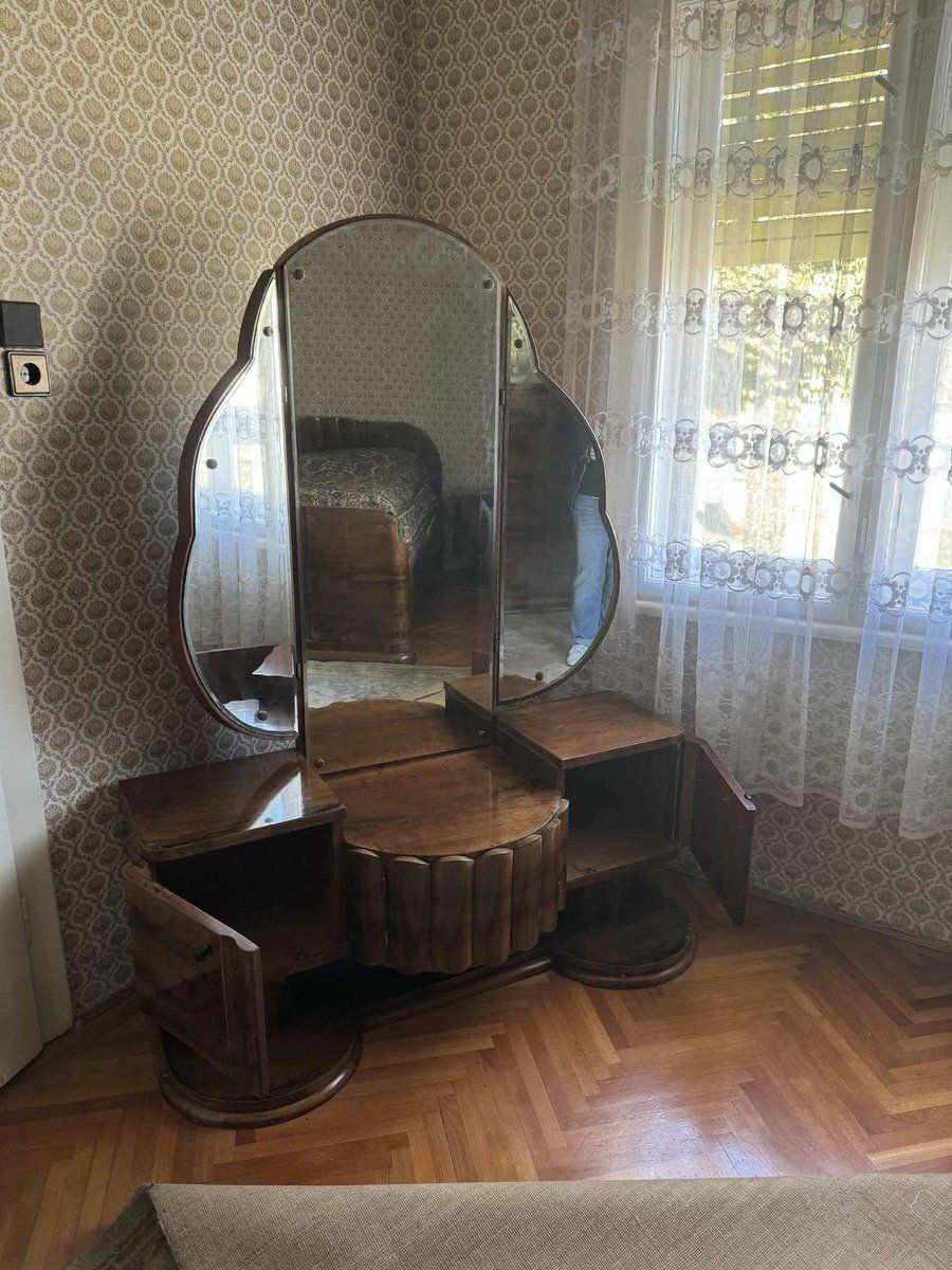 Art Deco Walnut Vanity Table With Triptych Mirror, 1930s photo for sale