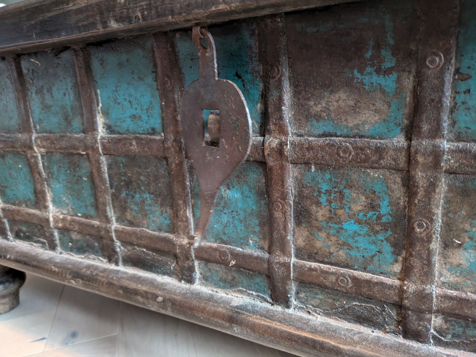Vintage Indian Teak Dowry Chest With Iron Detailing & Aged Turquoise Patina photo for sale