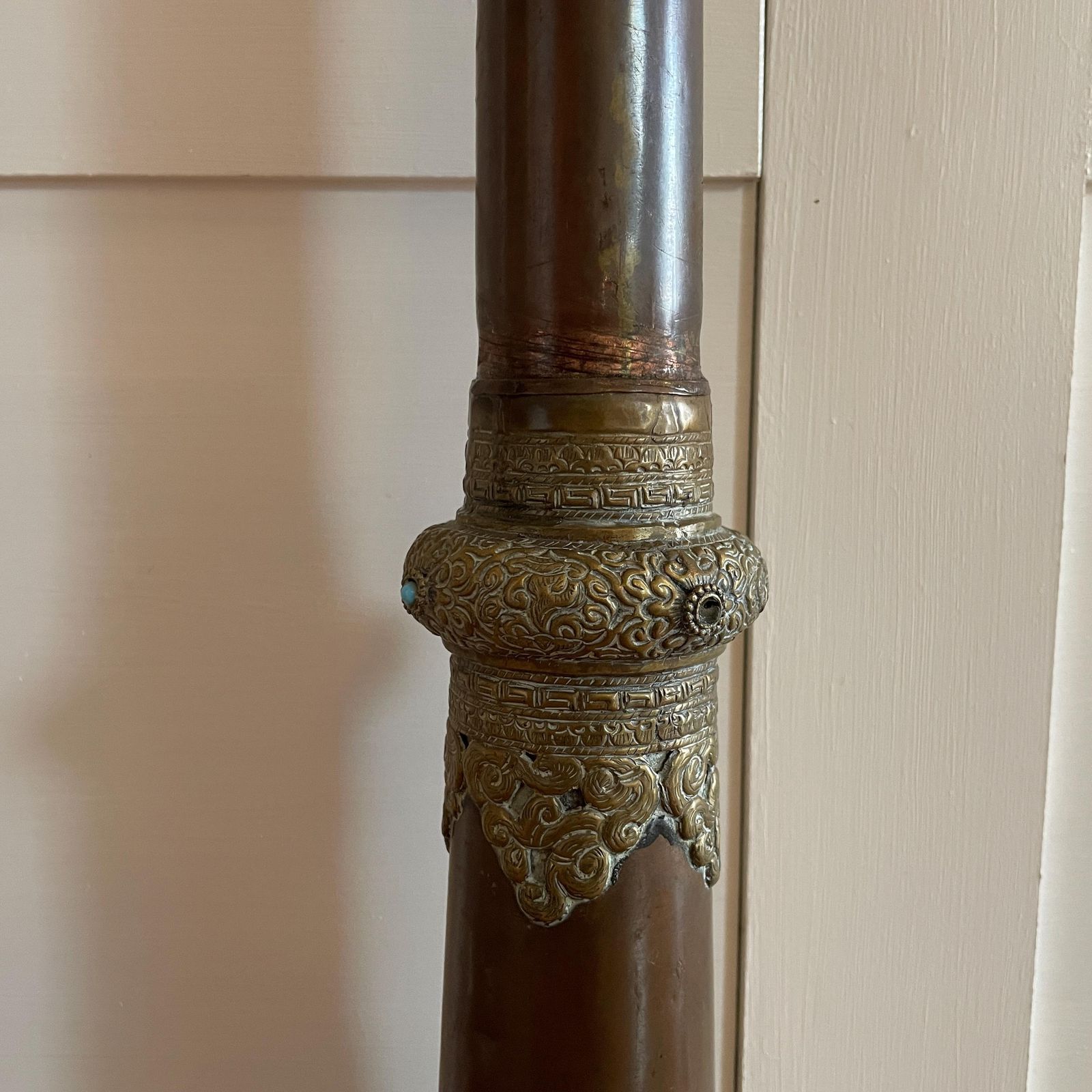 Antique Brass Copper Floor Lamp Made From Tibetan Dungchen Horn Ornate Repoussé Detailing Nepalese Himalayan Handcrafted Ornamental Lighting photo buy