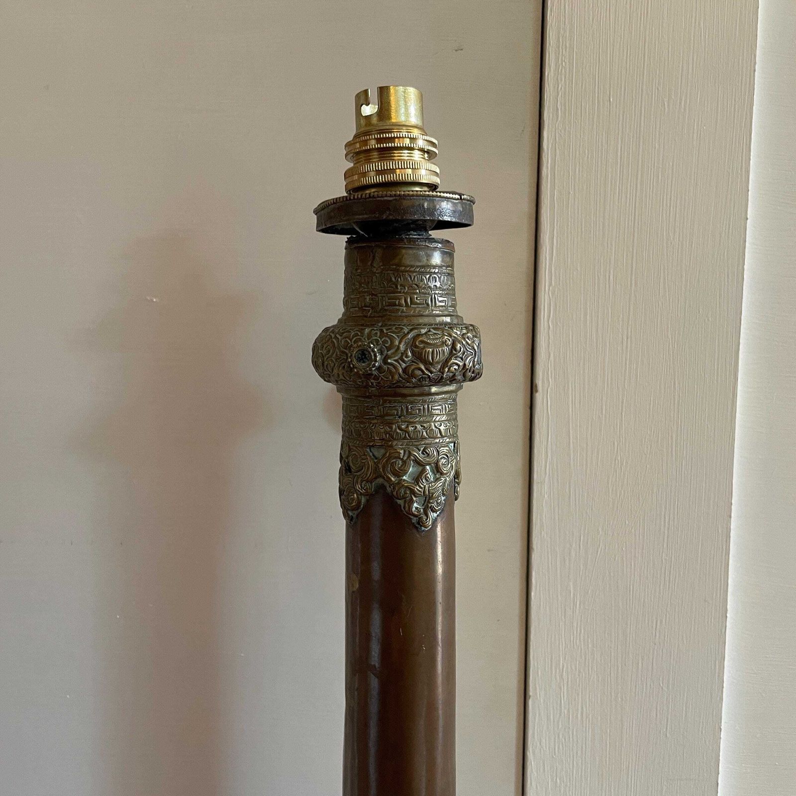 Antique Brass Copper Floor Lamp Made From Tibetan Dungchen Horn Ornate Repoussé Detailing Nepalese Himalayan Handcrafted Ornamental Lighting photo furniture