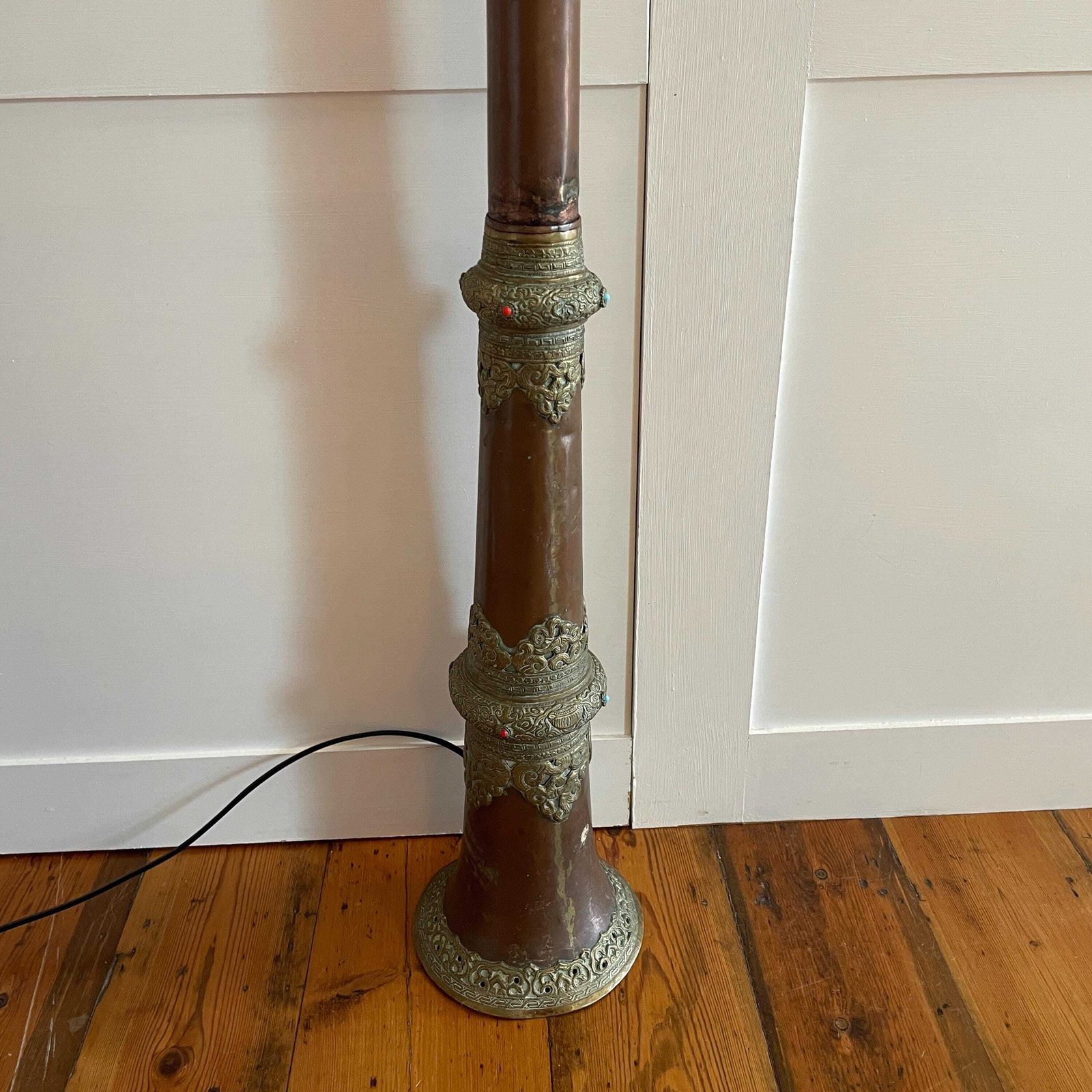 Antique Brass Copper Floor Lamp Made From Tibetan Dungchen Horn Ornate Repoussé Detailing Nepalese Himalayan Handcrafted Ornamental Lighting photo furniture