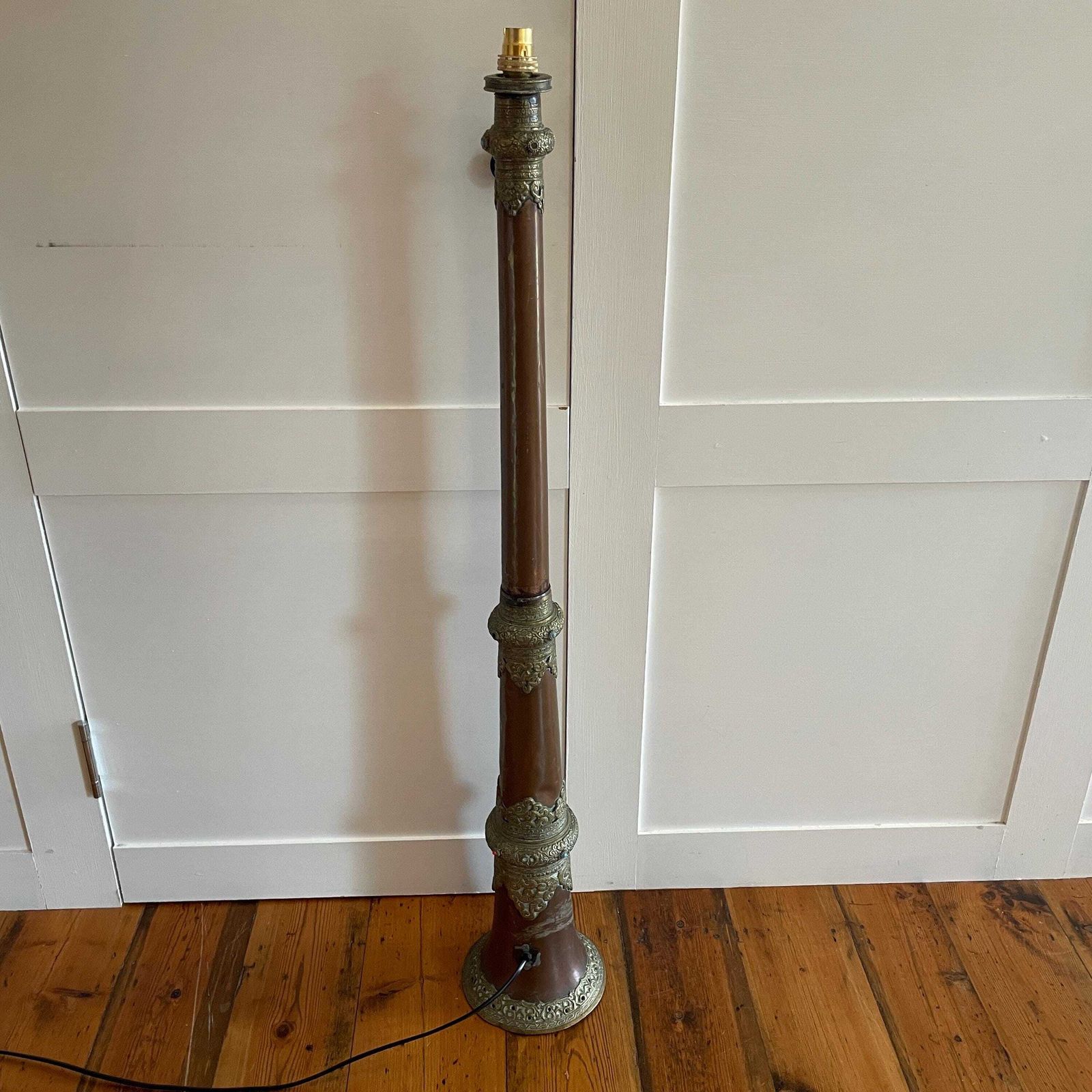 Antique Brass Copper Floor Lamp Made From Tibetan Dungchen Horn Ornate Repoussé Detailing Nepalese Himalayan Handcrafted Ornamental Lighting photo buy