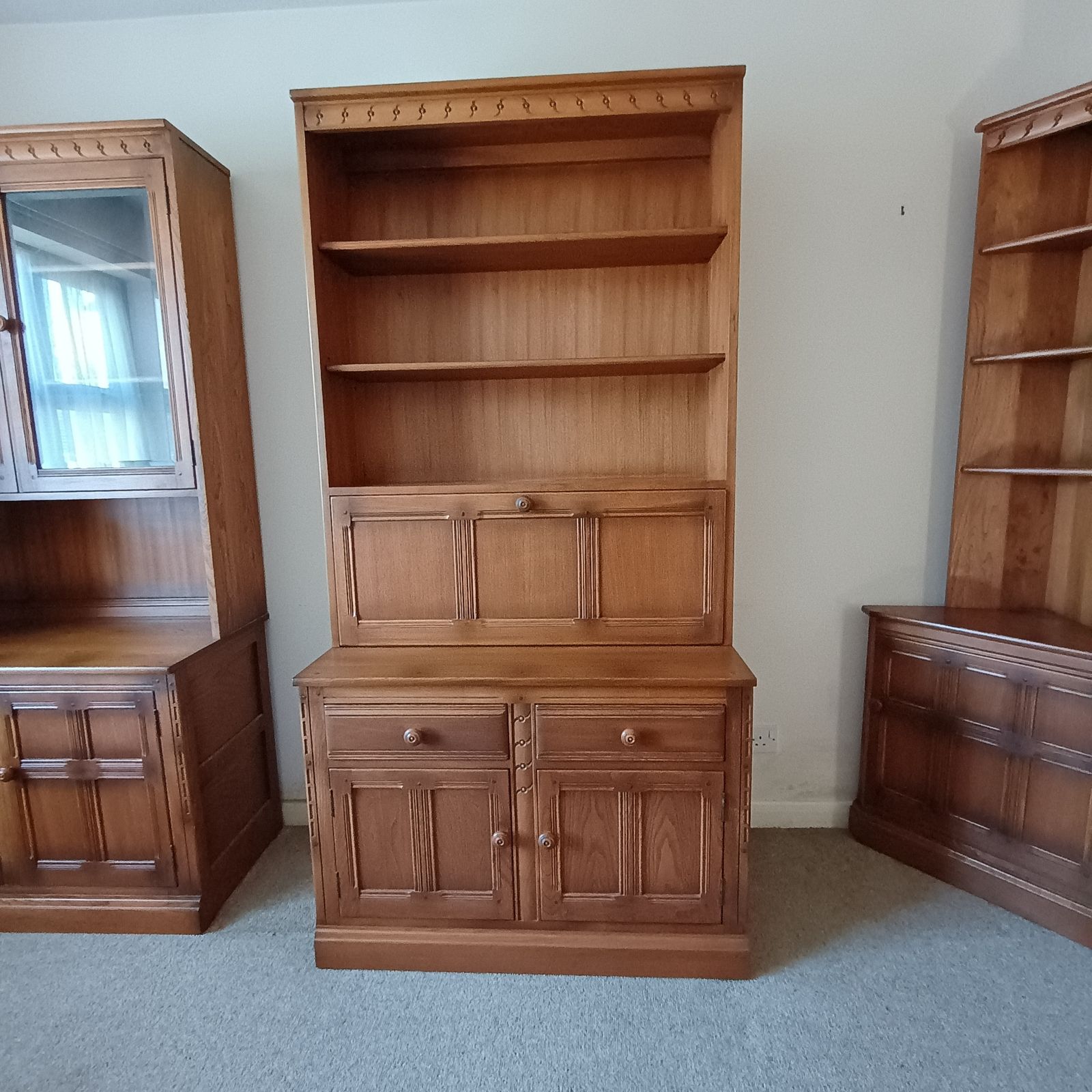 Ercol Old Colonial Cabinet With Mural Theme In Golden Dawn   Top Unit With Shelving And Drop Flap (584) And Base Unit (581)