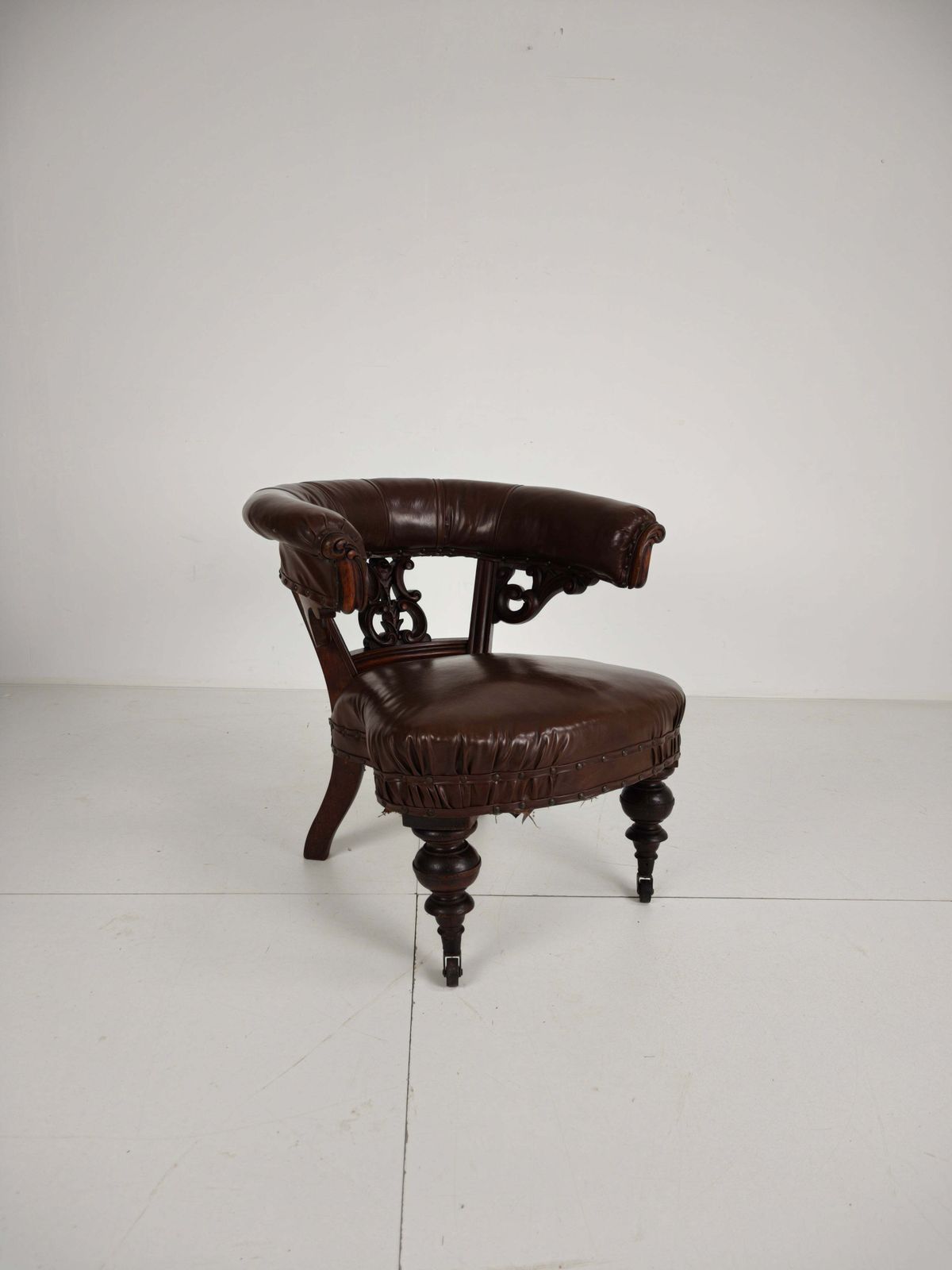Antique Leather Armchair By Robson & Son – Carved Wood & Castors, Newcastle
