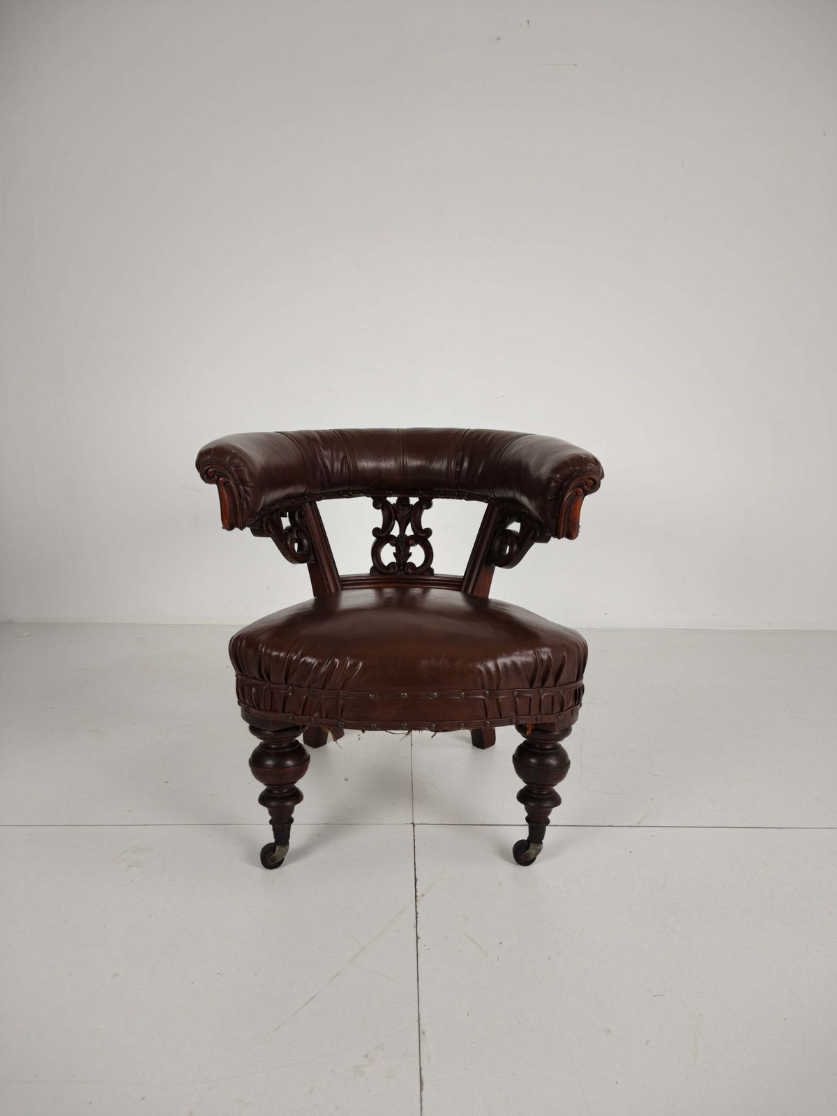 Antique Leather Armchair By Robson & Son – Carved Wood & Castors, Newcastle photo furniture
