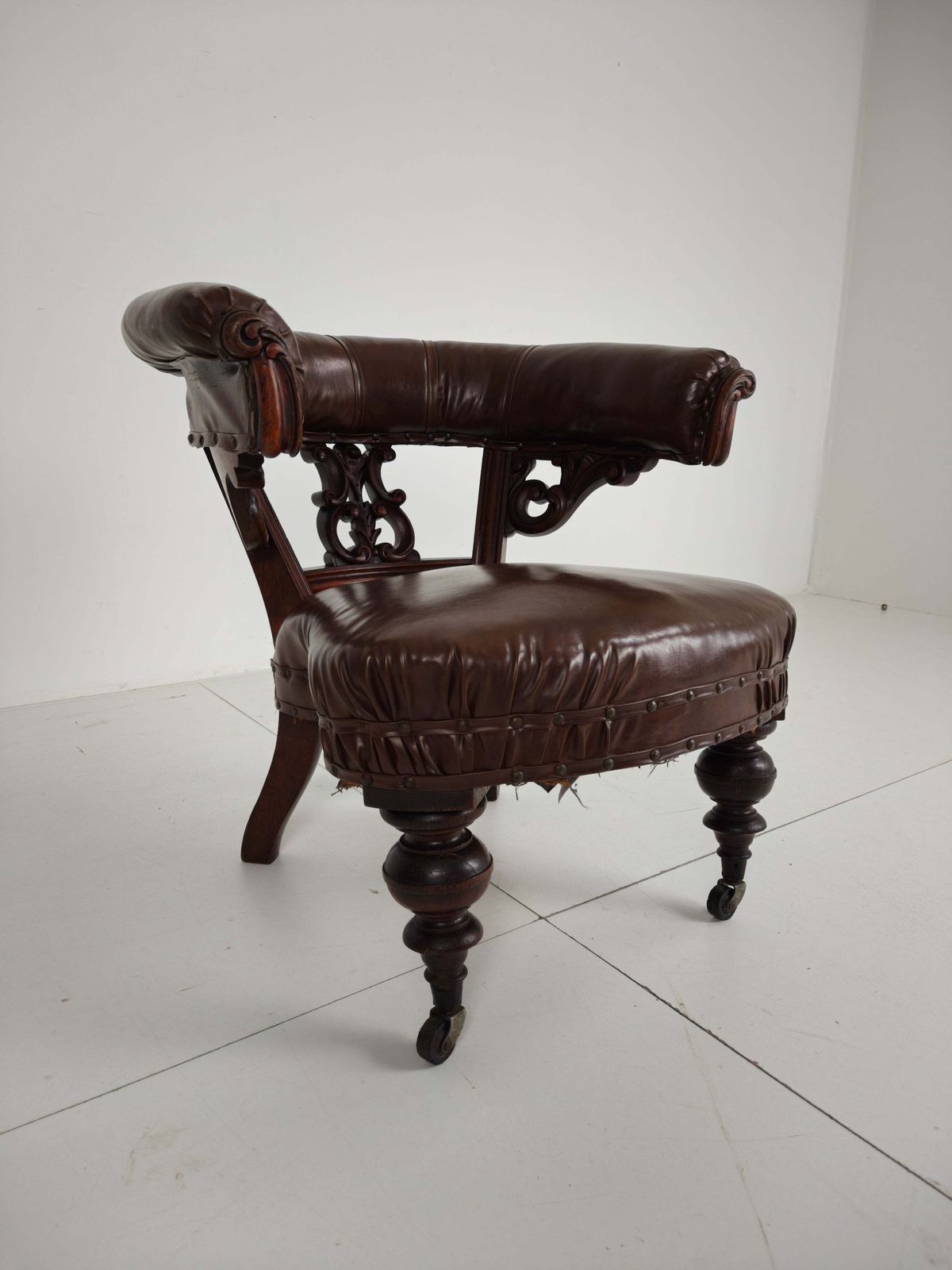 Antique Leather Armchair By Robson & Son – Carved Wood & Castors, Newcastle photo for sale