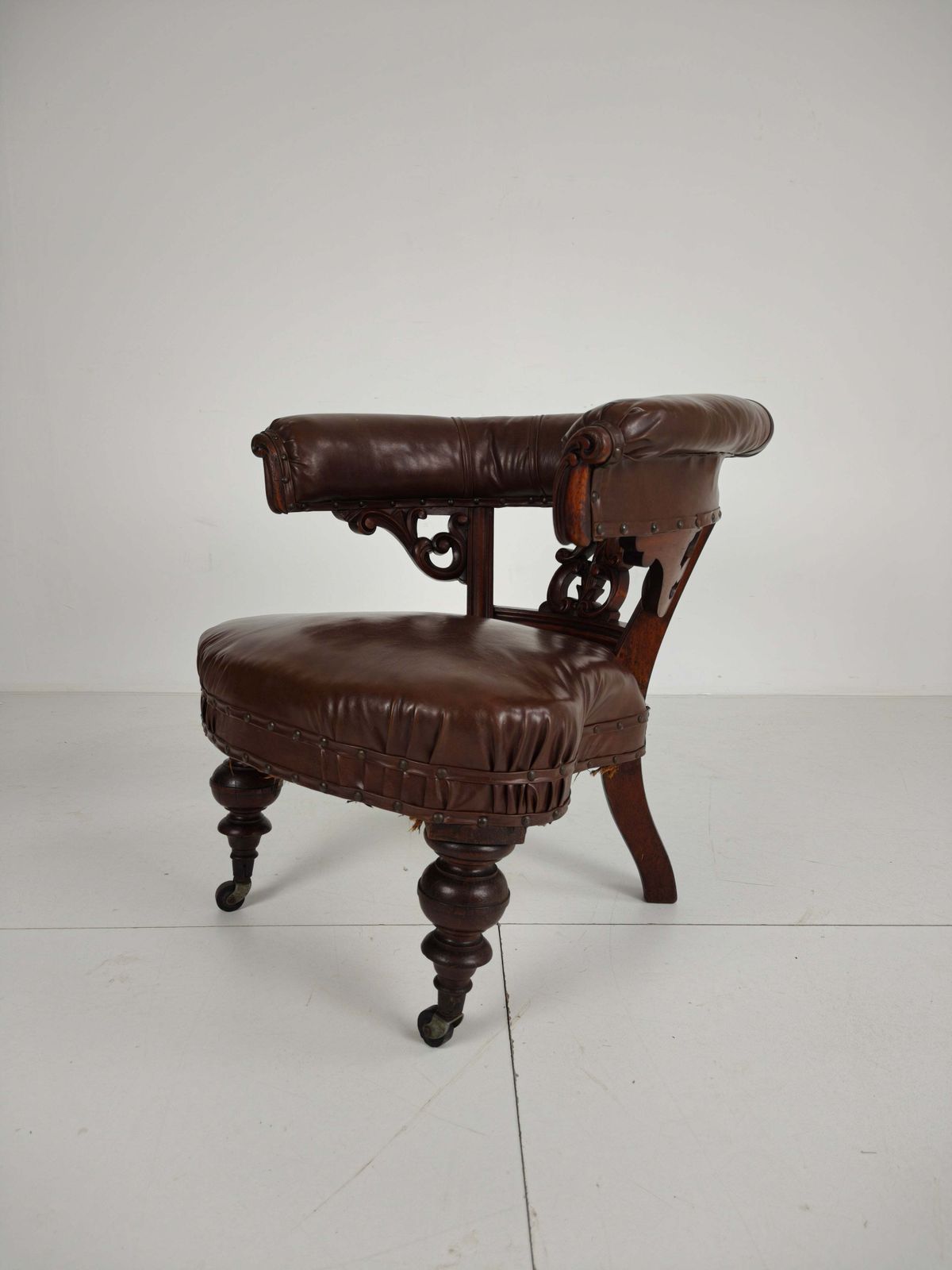 Antique Leather Armchair By Robson & Son – Carved Wood & Castors, Newcastle photo Furniture