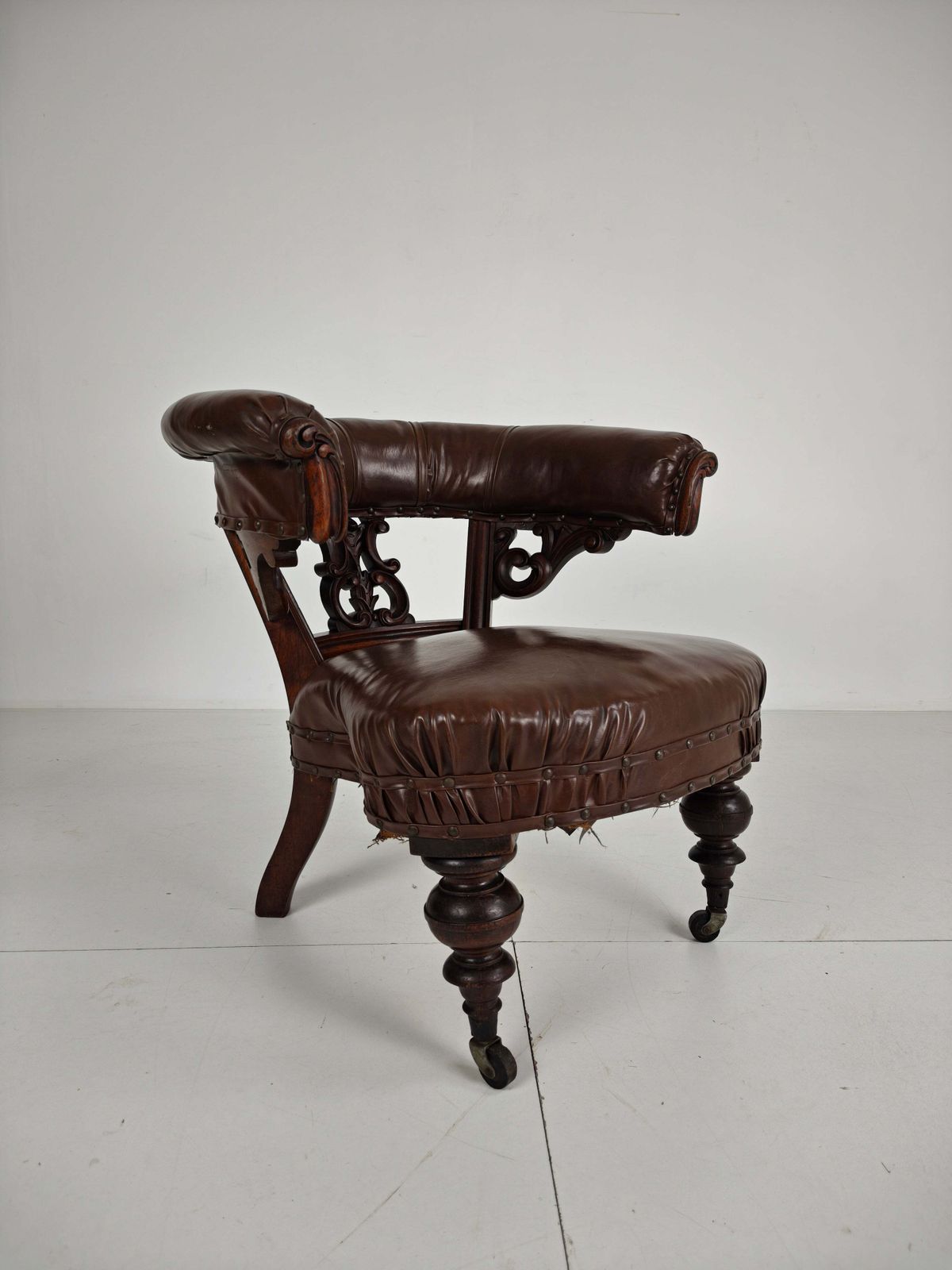 Furniture Antique Leather Armchair By Robson & Son – Carved Wood & Castors, Newcastle photo