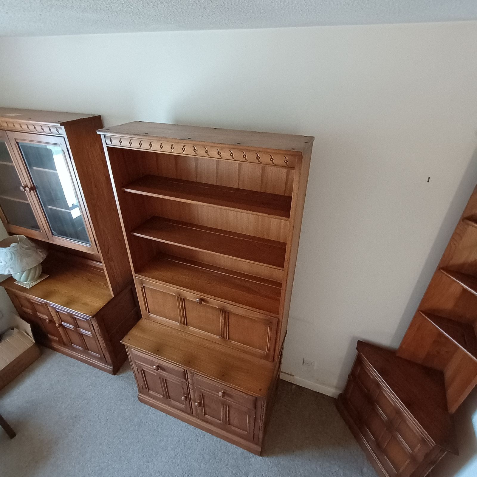 photo furniture Ercol Old Colonial Cabinet With Mural Theme In Golden Dawn   Top Unit With Shelving And Drop Flap (584) And Base Unit (581)