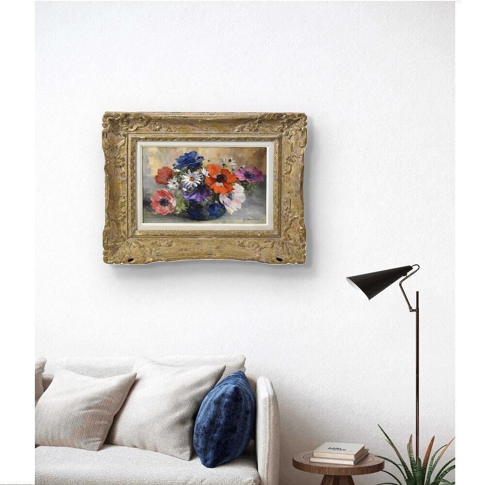 Antique Flower Painting, Art Deco, Anemones And Daisies Flowers, Oil On Canvas, Early XX Century. (Qf622) photo furniture