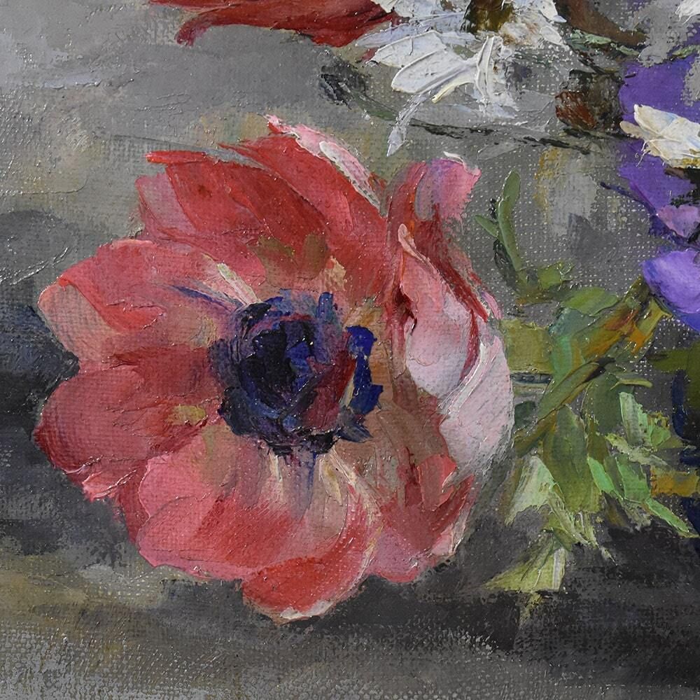 Antique Flower Painting, Art Deco, Anemones And Daisies Flowers, Oil On Canvas, Early XX Century. (Qf622) photo 1300.0