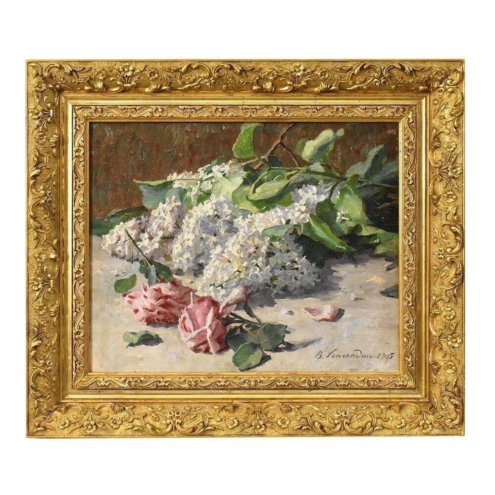Art Nouveau Still Life Painting, Flowers Painting, Roses And Lilacs, Oil On Canvas, Antique Painting, XX. (Qf627)