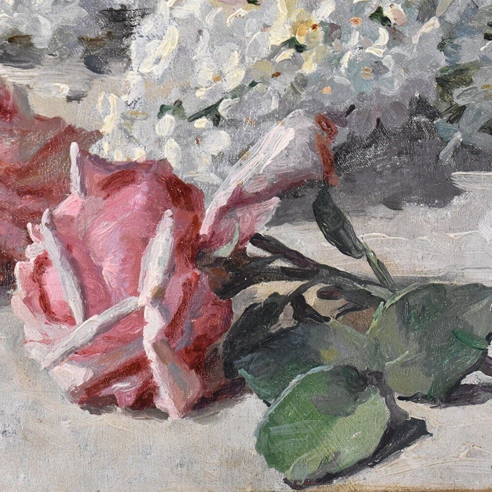 Art Nouveau Still Life Painting, Flowers Painting, Roses And Lilacs, Oil On Canvas, Antique Painting, XX. (Qf627) photo vinterior