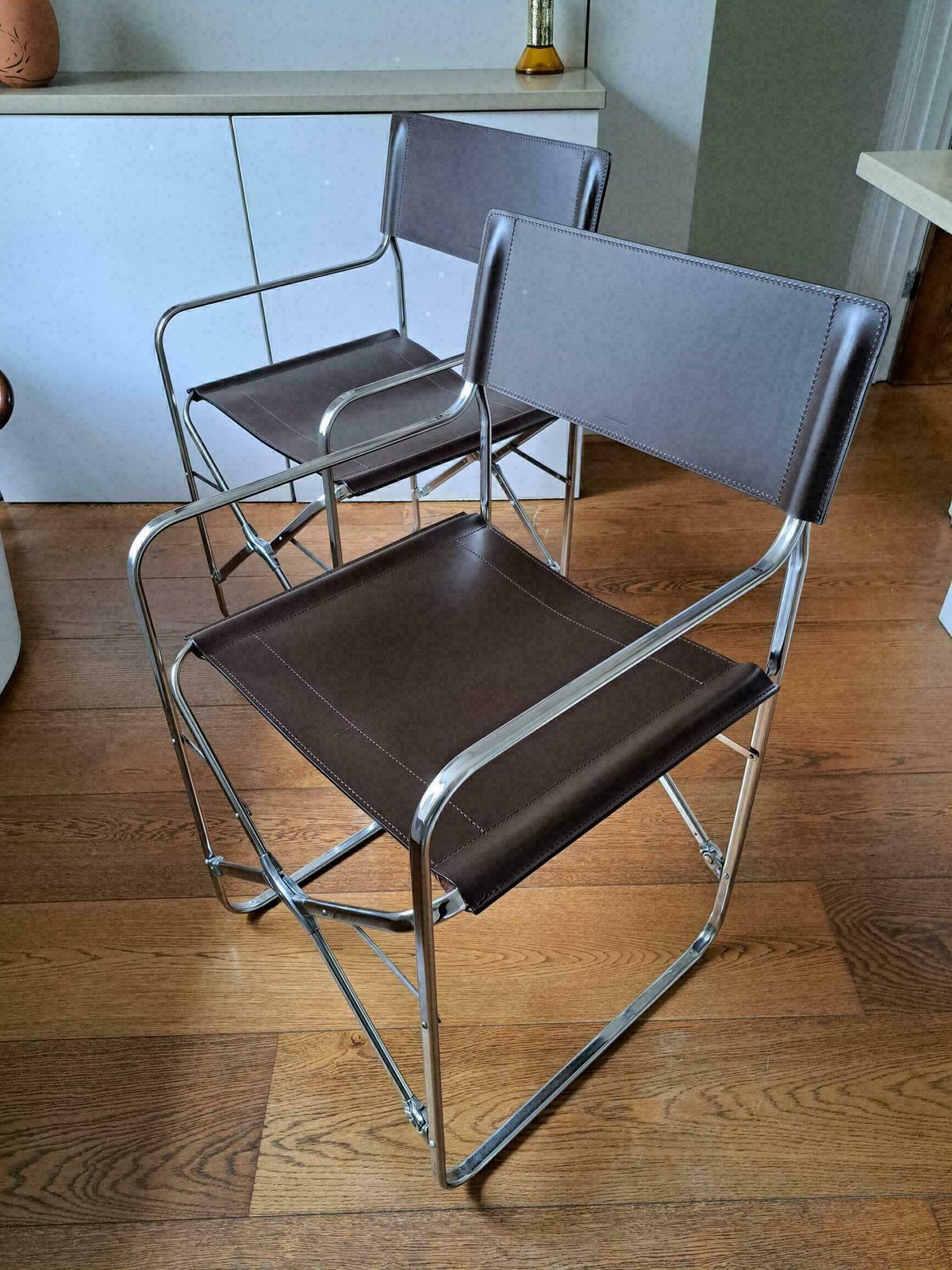 Zanotta "April" Leather Folding Chairs, Designed By Gae Aulenti In 1964 , Italian Directors/Dining. Only 2 Chairs Now Available.