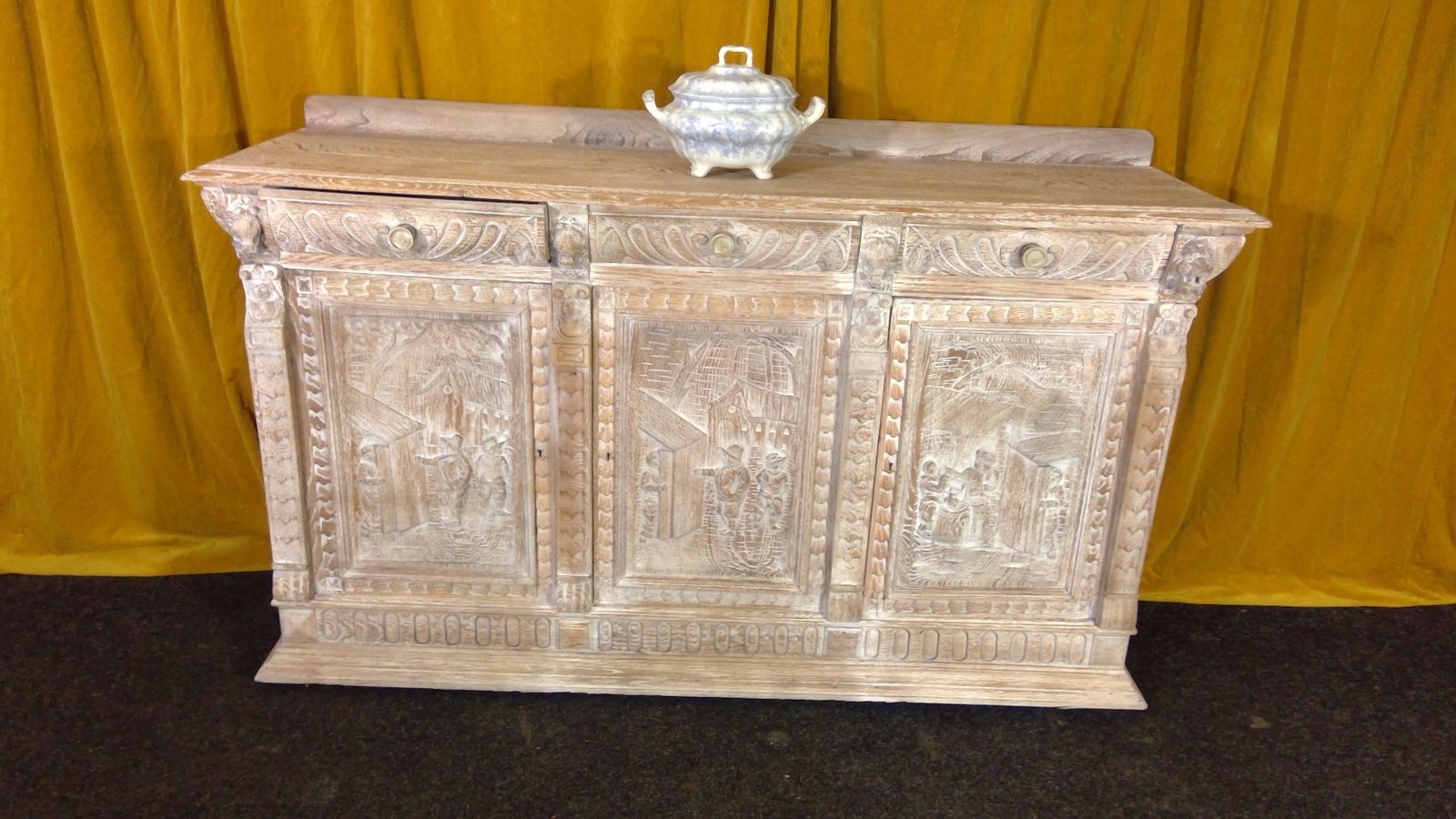 A Finely Carved Limed Oak(cerused) Impressive Sideboard,With Bruegel And Teniers Panels