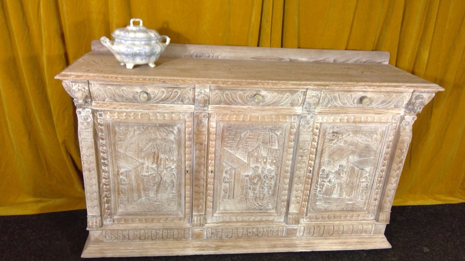 800.0 A Finely Carved Limed Oak(cerused) Impressive Sideboard,With Bruegel And Teniers Panels photo