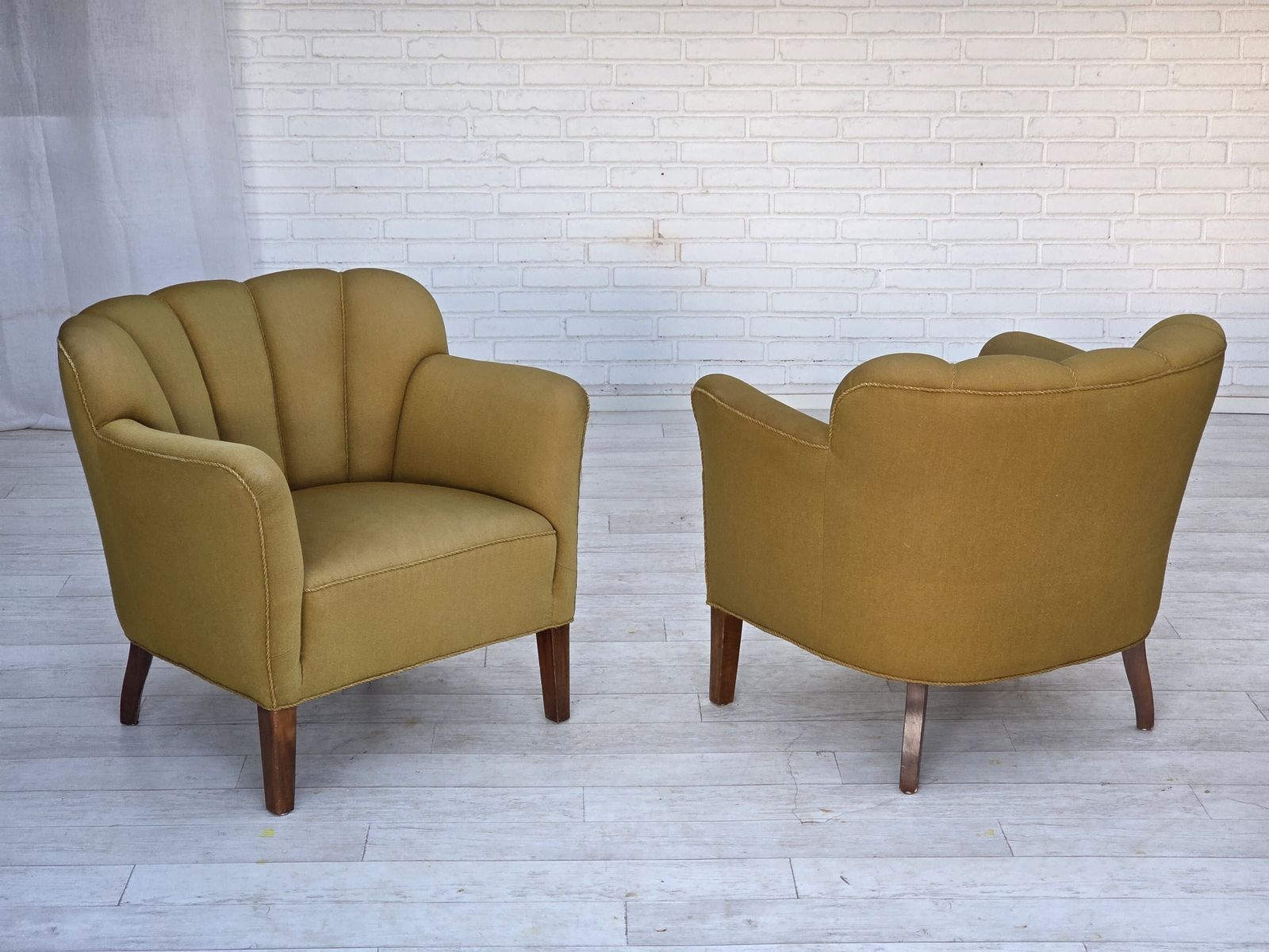 1960s, Pair Of Danish Armchairs, Green Furniture Wool, Ash Wood Legs. photo furniture