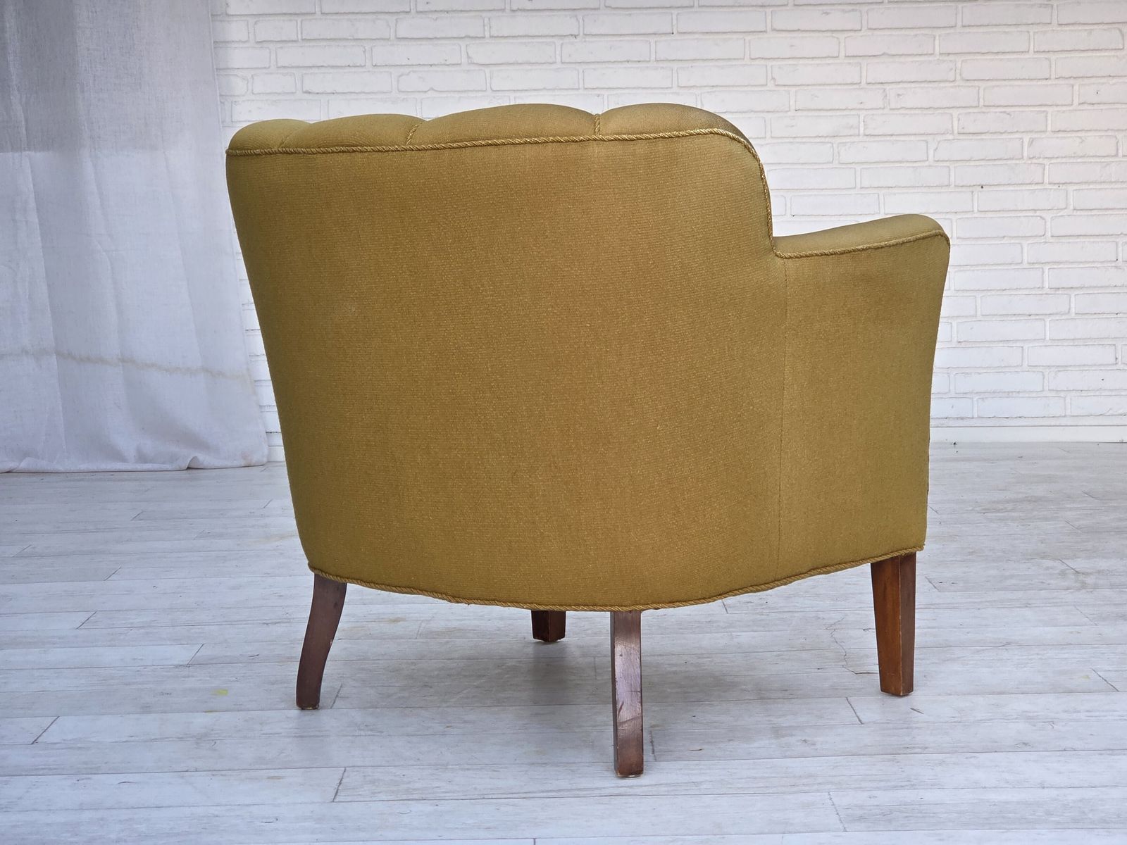 photo vinterior 1960s, Pair Of Danish Armchairs, Green Furniture Wool, Ash Wood Legs.