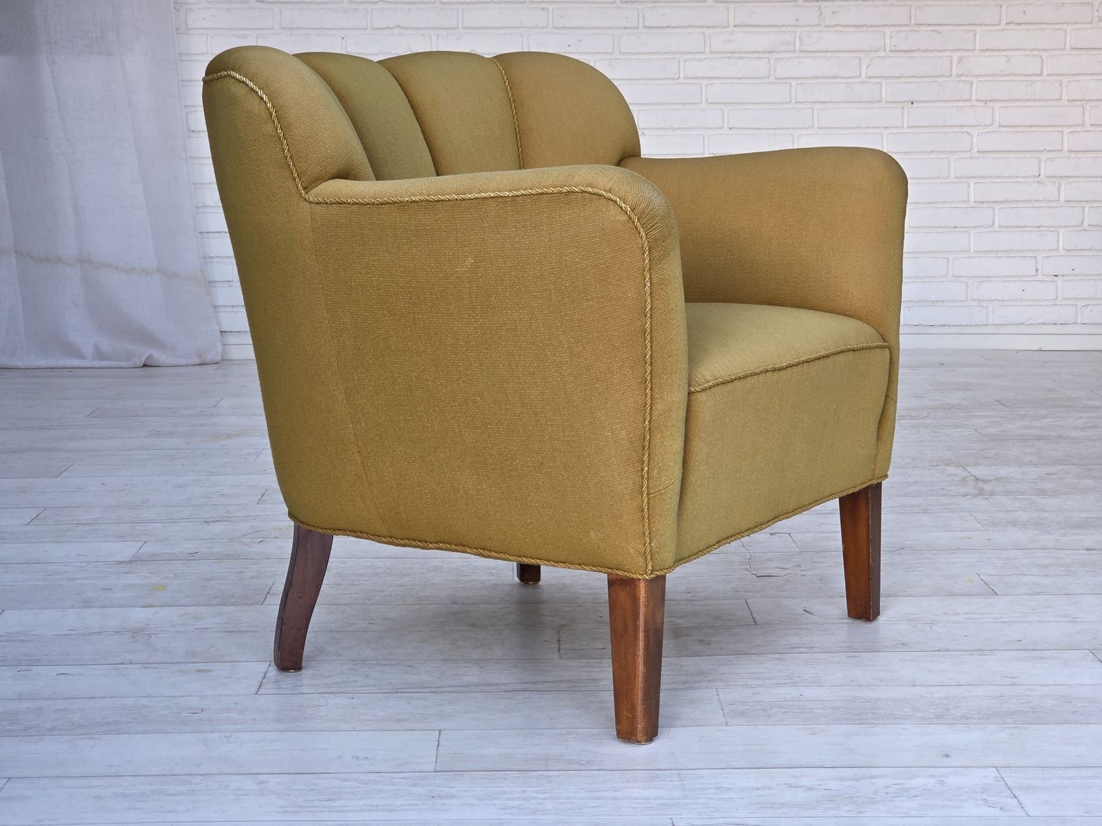 photo buy 1960s, Pair Of Danish Armchairs, Green Furniture Wool, Ash Wood Legs.