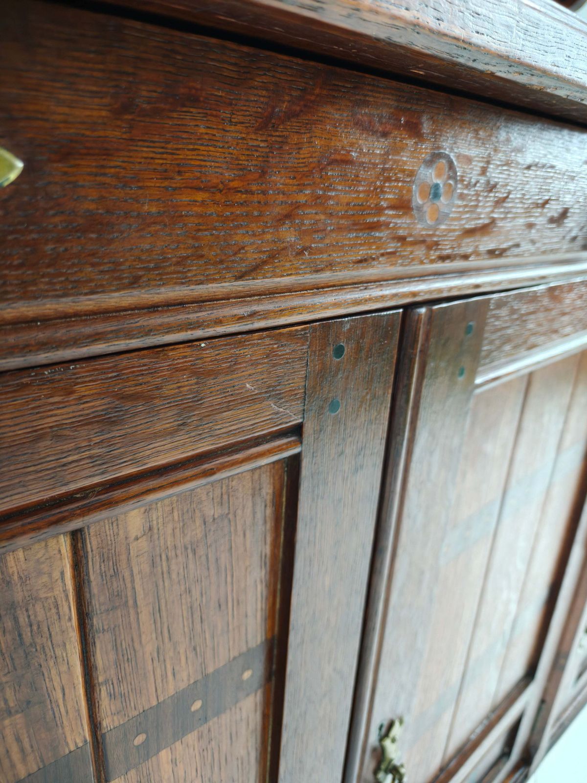 photo for sale Rare 19th Century English Arts & Crafts Oak Sideboard By Pratt & Prince – Sunflower Motif Inlay