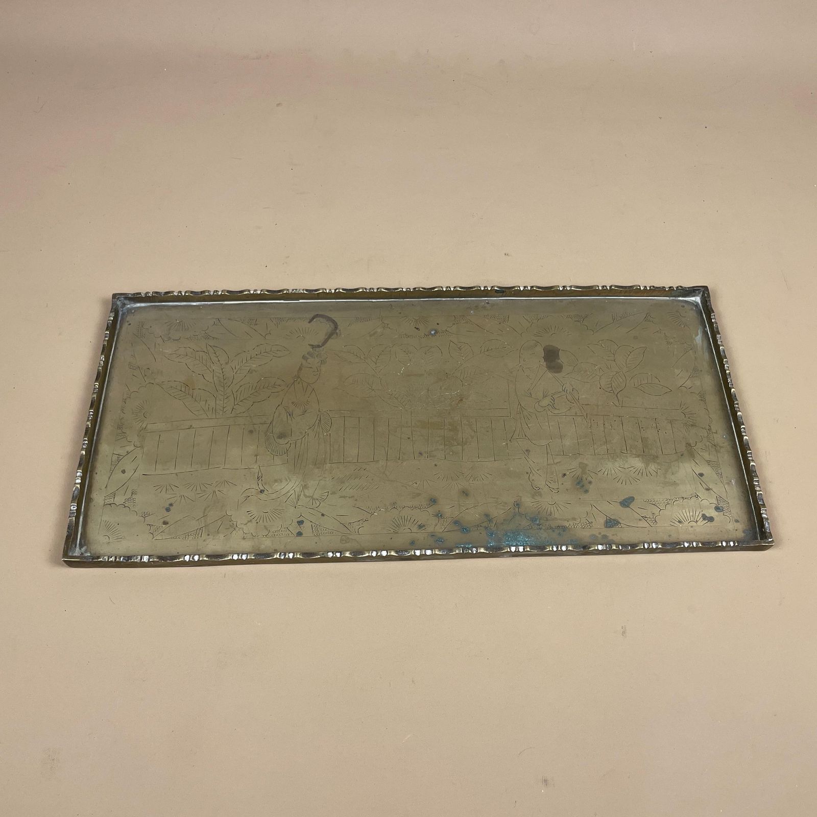 Antique Metal Gold Chinese Oriental Patterned Brass Tray 38x18cm Plate Rectangle Handmade Etched Intricate Decorative Wall Vintage Display photo vinterior