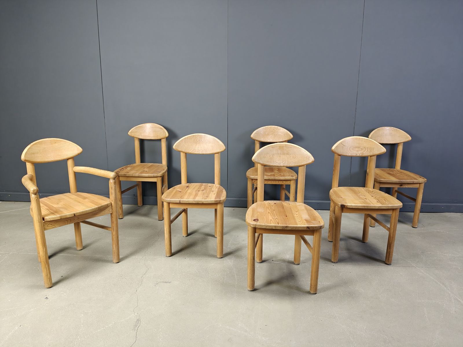 photo for sale Vintage Pine Wood Dining Chairs   1980s   Set Of 7