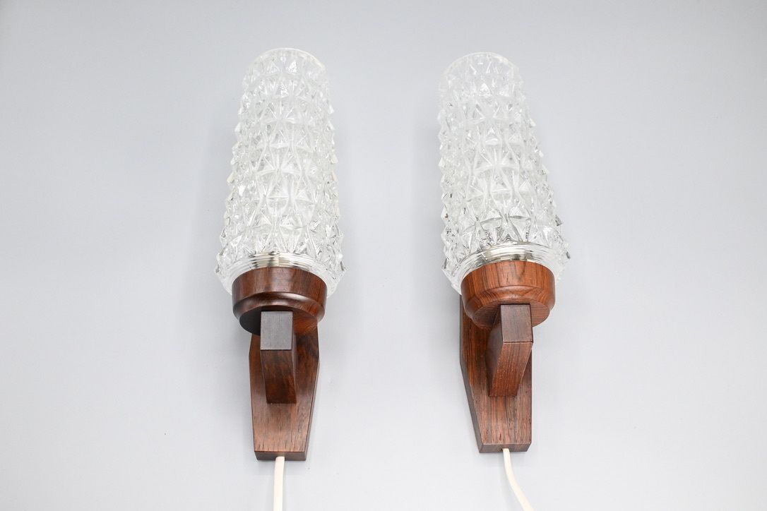 Pair Of Scandinavian Pallisander Wooden Wall Lamps With Glass Shades, Sweden 1960s photo Lighting