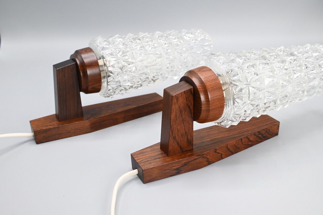 Pair Of Scandinavian Pallisander Wooden Wall Lamps With Glass Shades, Sweden 1960s photo vintage