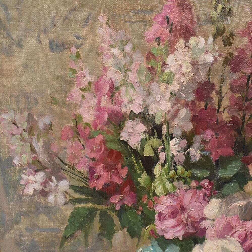 Art Nouveau Still Life Painting, Roses Flowers, Oil On Canvas, XX. (Qf699) photo vinterior