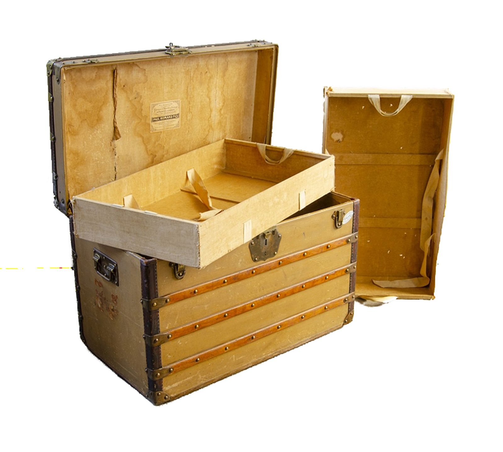 photo furniture 1900s Wooden Steamer Trunk With Brass And Leather Accents By Paul Romand, France