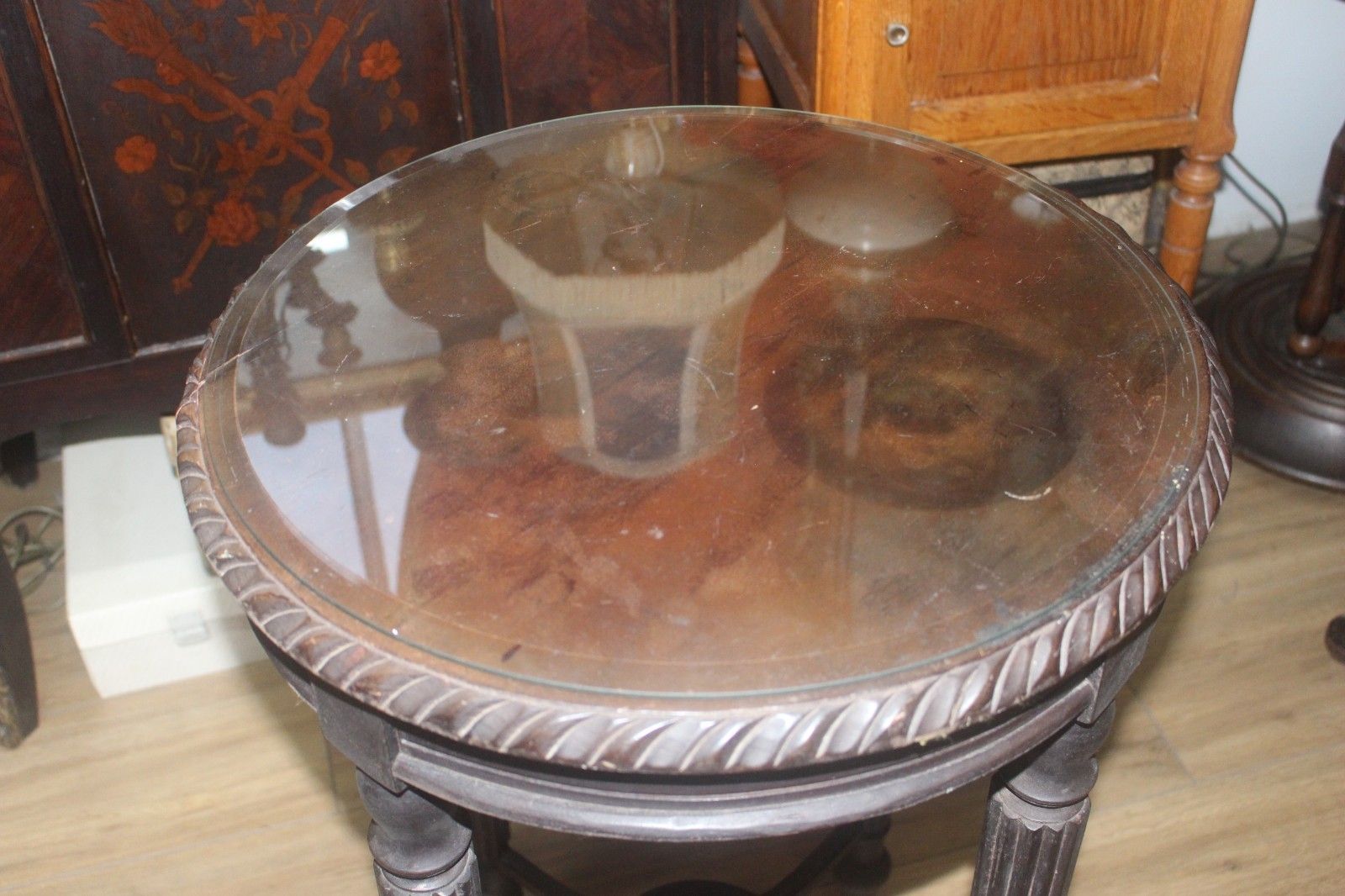 photo furniture Italian Round Side Table Carved Edge Glass Top  50 X 70 Cm