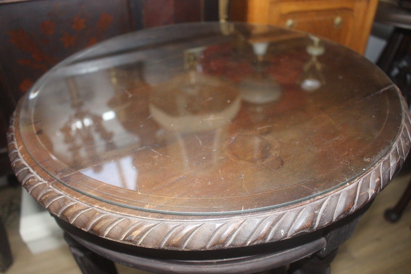 89.0 Italian Round Side Table Carved Edge Glass Top  50 X 70 Cm photo